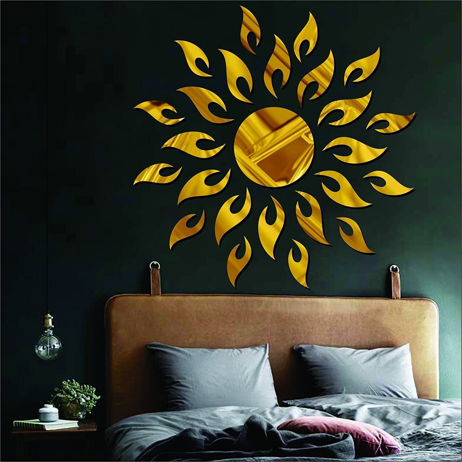3D Acrylic Sun Flame Mirror Decorative Wall Reusable Self-Adhesive Sticker s With Extra 10 Butterfly Reusable Self-Adhesive Sticker ,(45Cm X 45Cm) - Pack Of 25 (Gold)