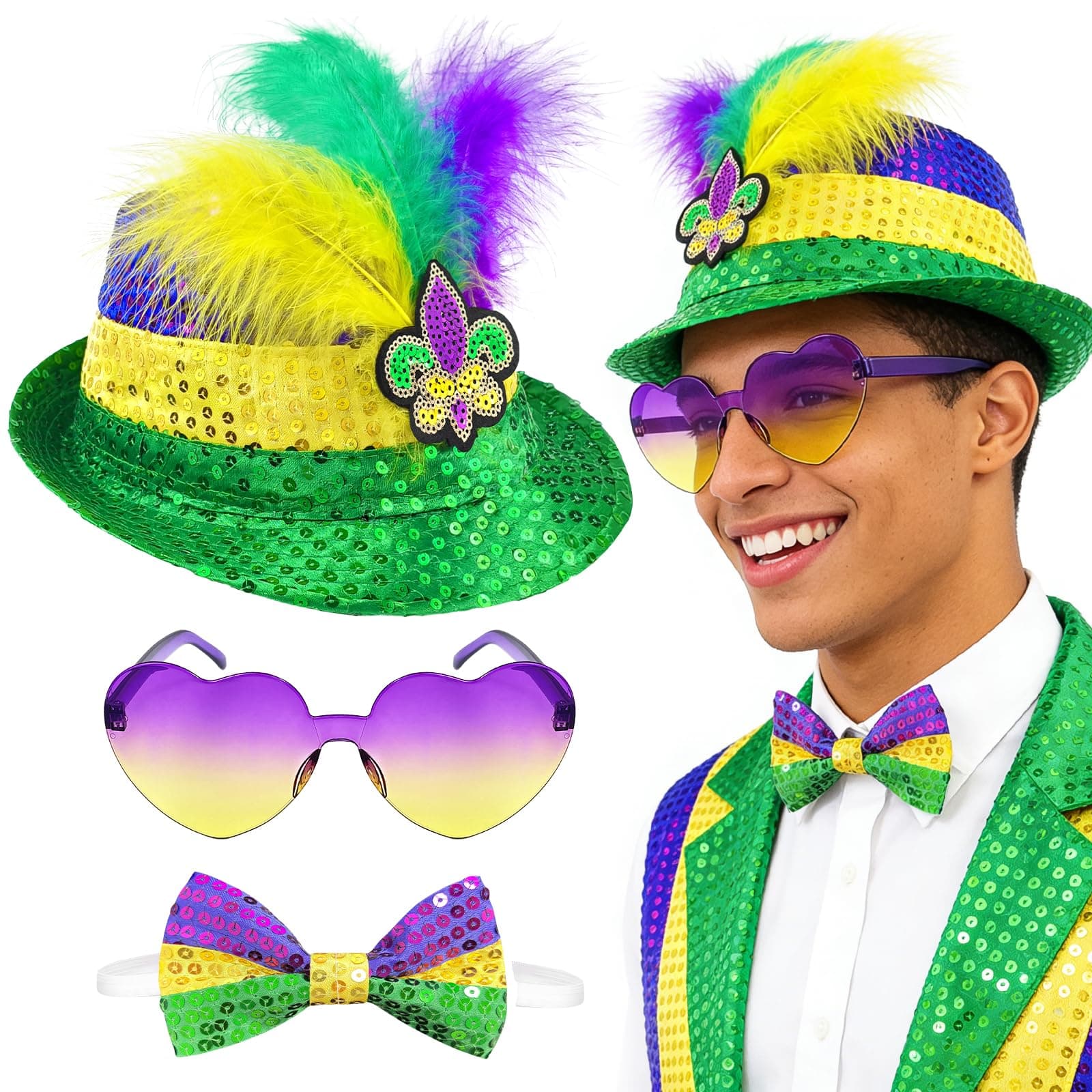 3 Pcs Mardi Gras Sequin Hat Sequin Bow Tie Sunglasses Set for Adults Carnival Halloween Party Costumes Cosplay Accessories Favors