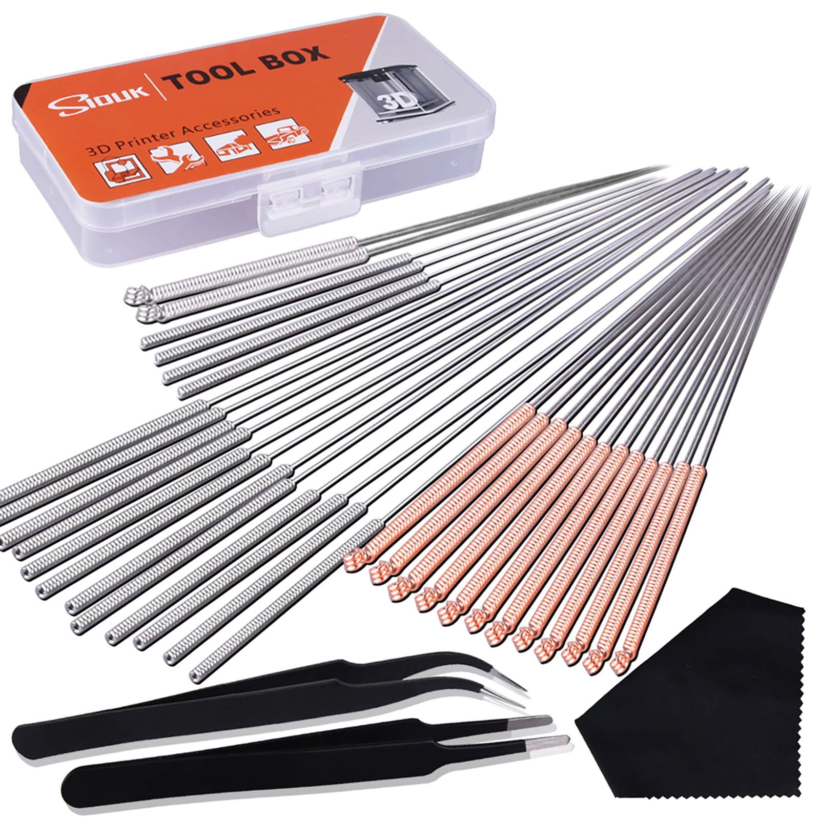 SIQUK 33 Pieces 3D Printer Nozzle Cleaning Kit including 30 Pcs Nozzle Cleaner 0.15mm, 0.25mm, 0.35mm, 0.4mm, 0.5mm Cleaning Needles for 3D Printer (Bonus: 2 Pcs Tweezers and 1 Pc Cleaning Cloth)
