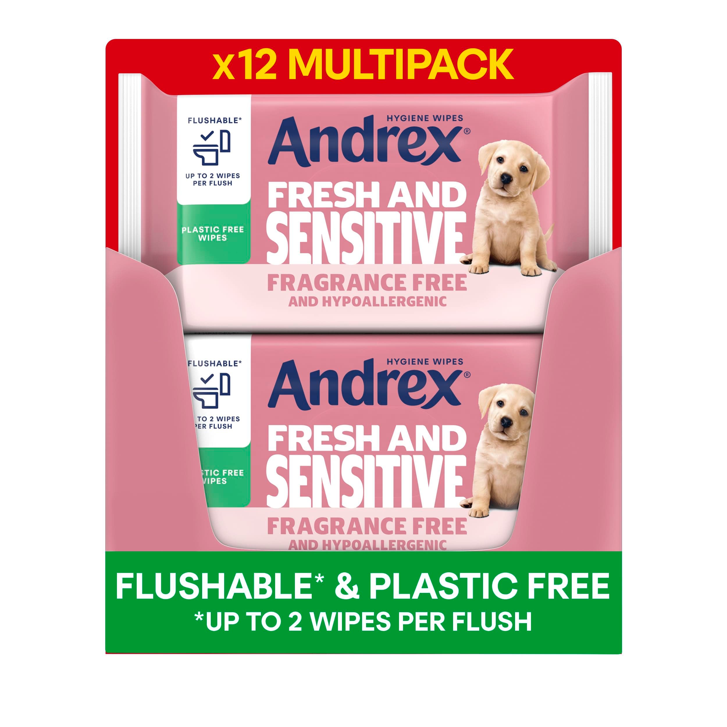 Andrex Fresh and Sensitive Hygiene Wipes, 12 Pack; Flushable Moist Toilet Tissue, Hypoallergenic and Fragrance Free Wet Wipes for Sensitive Skin (Pack of 12), FSC Certified