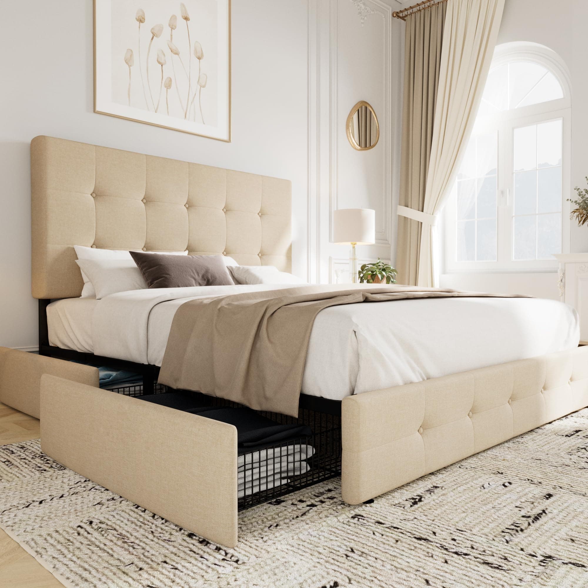 Upholstered Full Size Platform Bed Frame with 4 Storage Drawers and Headboard, Square Stitched Button Tufted, Mattress Foundation with Wooden Slats Support, No Box Spring Needed, Beige