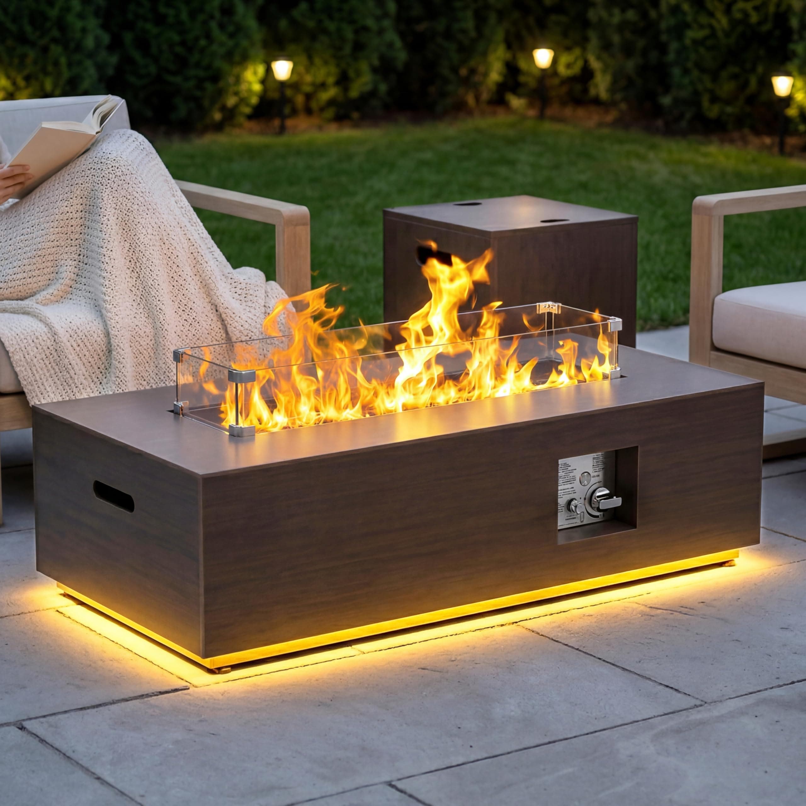 42" Modern Fire Pit Table with LED Light 50,000 BTU Deck Fire Pit Table Includes Wind Guard, Lid, Rocks & Cover - Propane Gas Patio Fireplace, Chimenea para Patio (Grey/Golden Light, 42" LED)