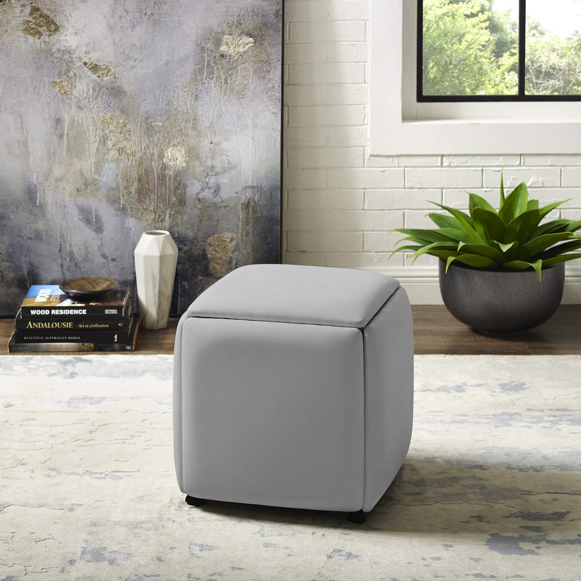 Brisa Convertible Ottoman - 5 in 1 Nesting Seats | Cube Design | PU Leather | Caster Wheel Legs | Grey