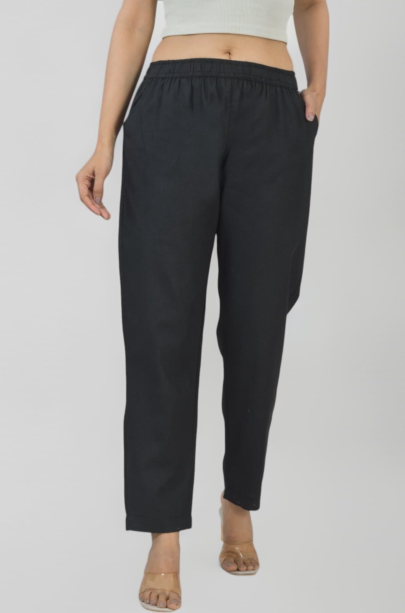 Women's Cotton Linen Pants, Regular Fit, Fully Elasticated, 2 Side Pockets