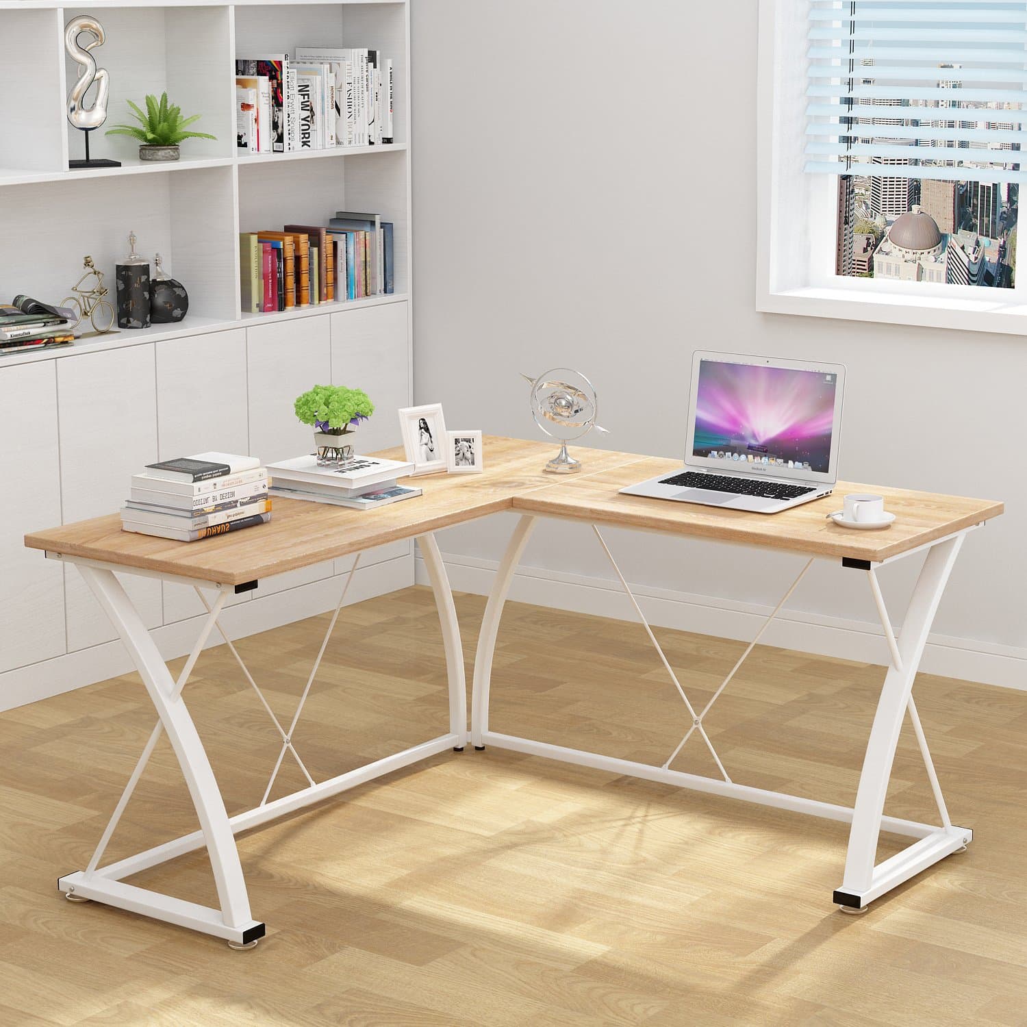 Decho Modern L-Shaped Desk Corner Computer Desk PC Latop Study Table Workstation Home Office Wood&Metal(Oak)