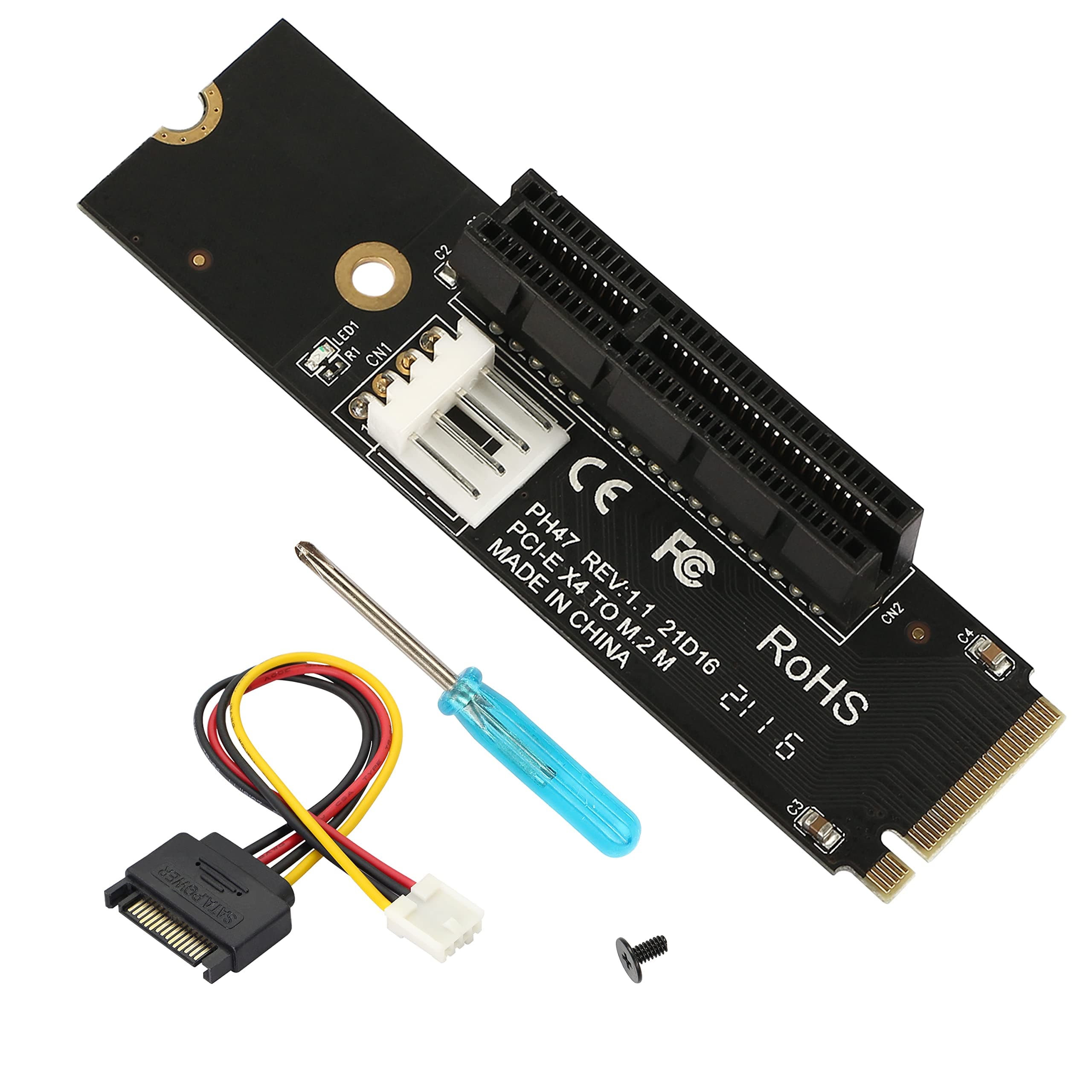 NGFF M.2 to PCI-E 4X 1X Riser Card,M.2 Key M 2260 2280 SSD Port to PCIE Adapter with LED Indicator SATA 15pin Power Riser for Bitcoin Miner Mining-Black