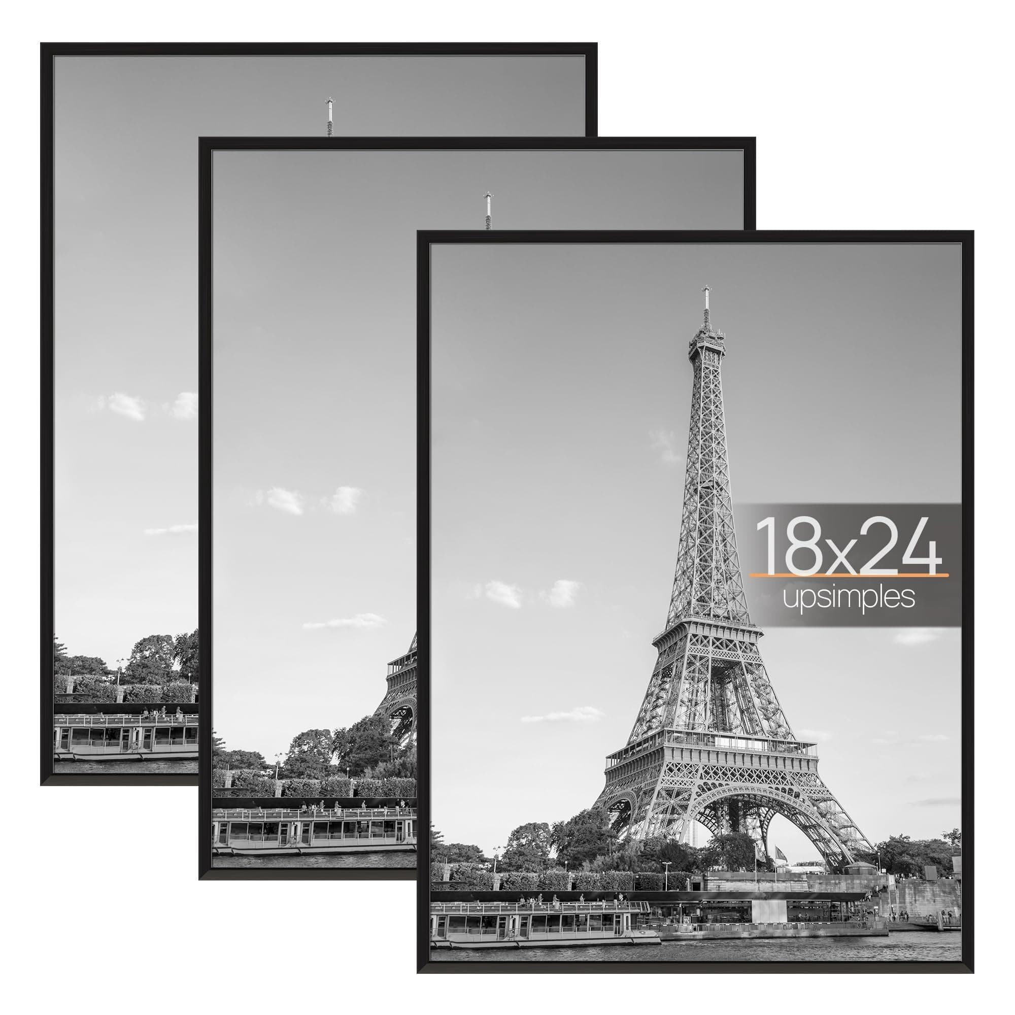upsimples 18x24 Picture Frame Black 3 Pack, Scratch-Proof Poster Frames 18 x 24 for Photo Gallery - Slide-In Strips, Horizontal or Vertical Wall Mounting