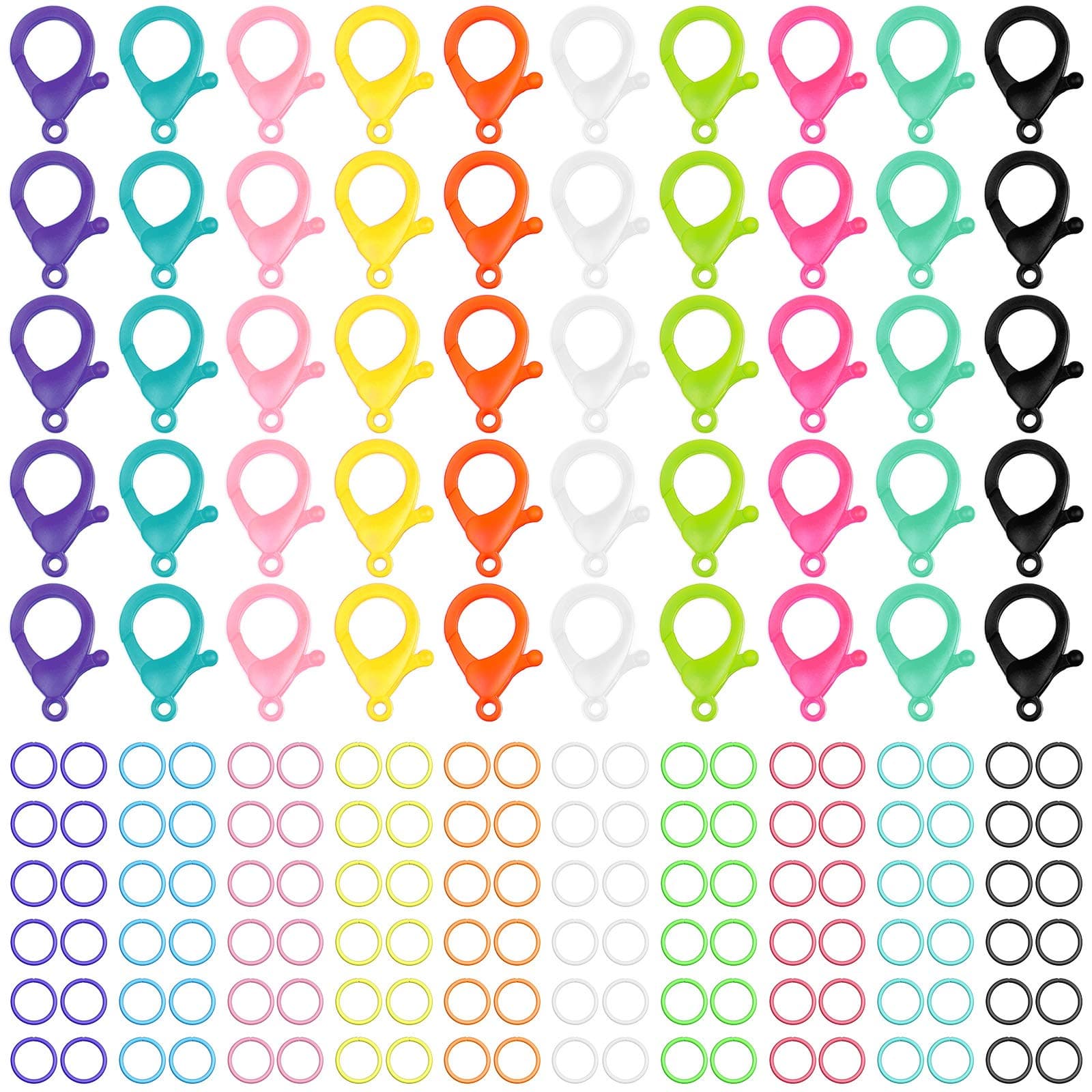 Patelai Multicolor Hard Plastic Clips Plastic Lobster Claw Clasps and Open Jump Rings, Cute Lanyard Snap Hooks for Key Chain Ring DIY Handmade Crafts Chain Clasp(100 Pieces)