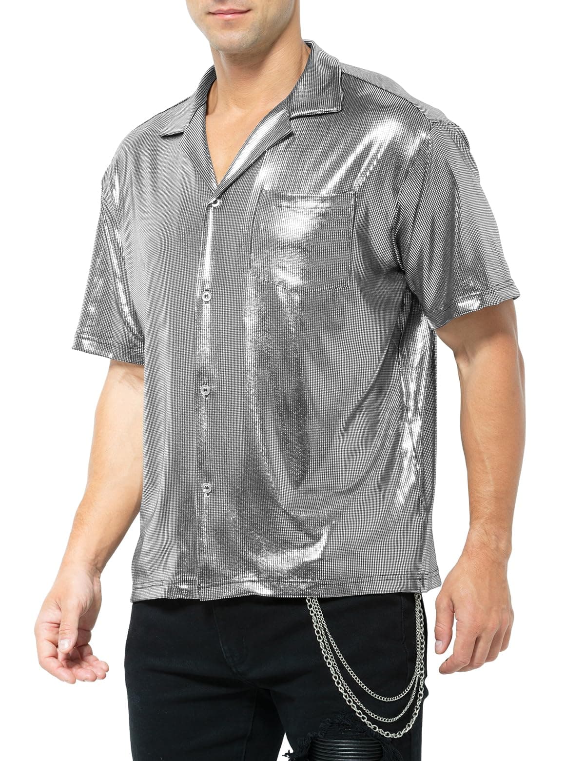 Men's Short Sleeve Collared Metallic Shirts Button Down Reflective Sequin Rave Outfit Holographic Disco Top