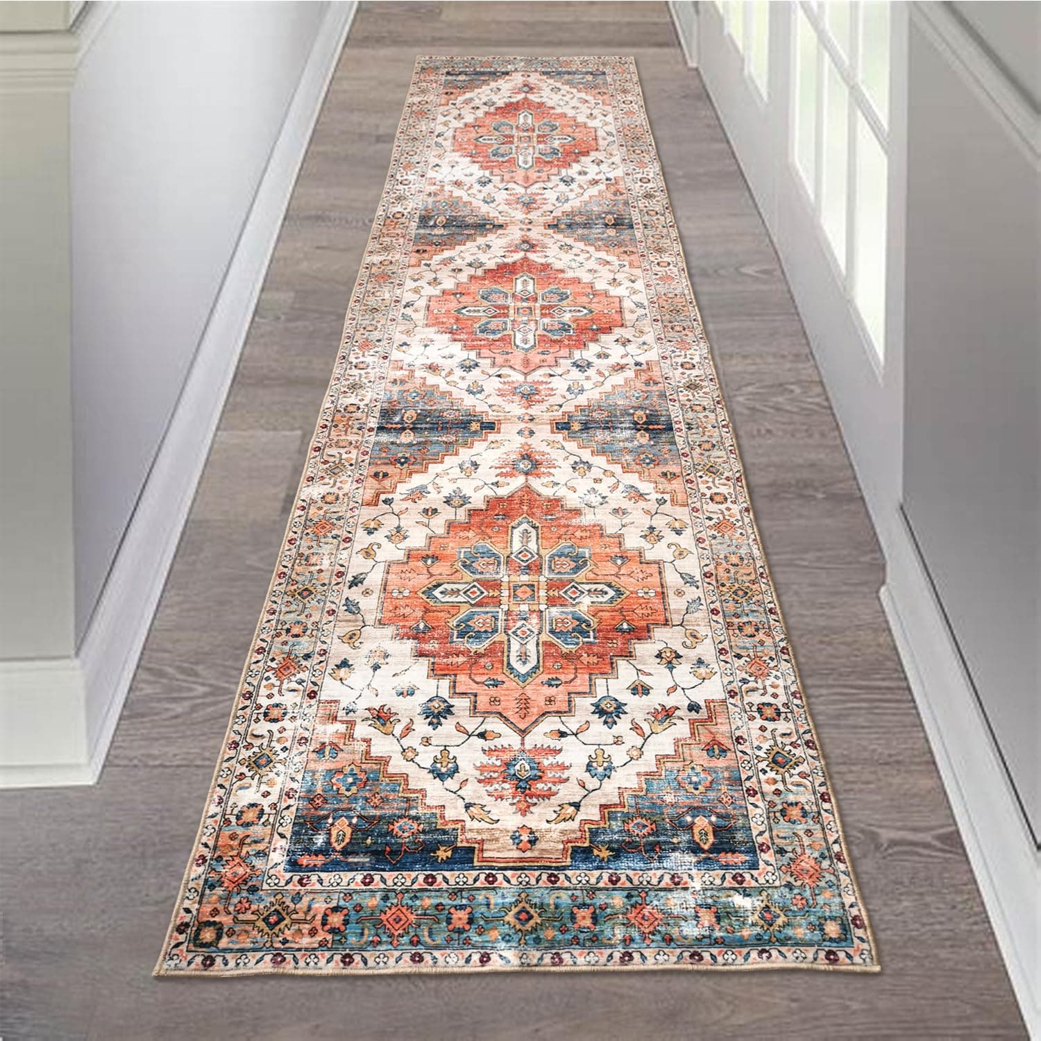 Hallway Runner Rug with Rubber Backing Low Pile Large Rug Runner Vintage Rug Retro Distressed Carpet Thin Foldable Non Slip Bathroom Kitchen Living Room