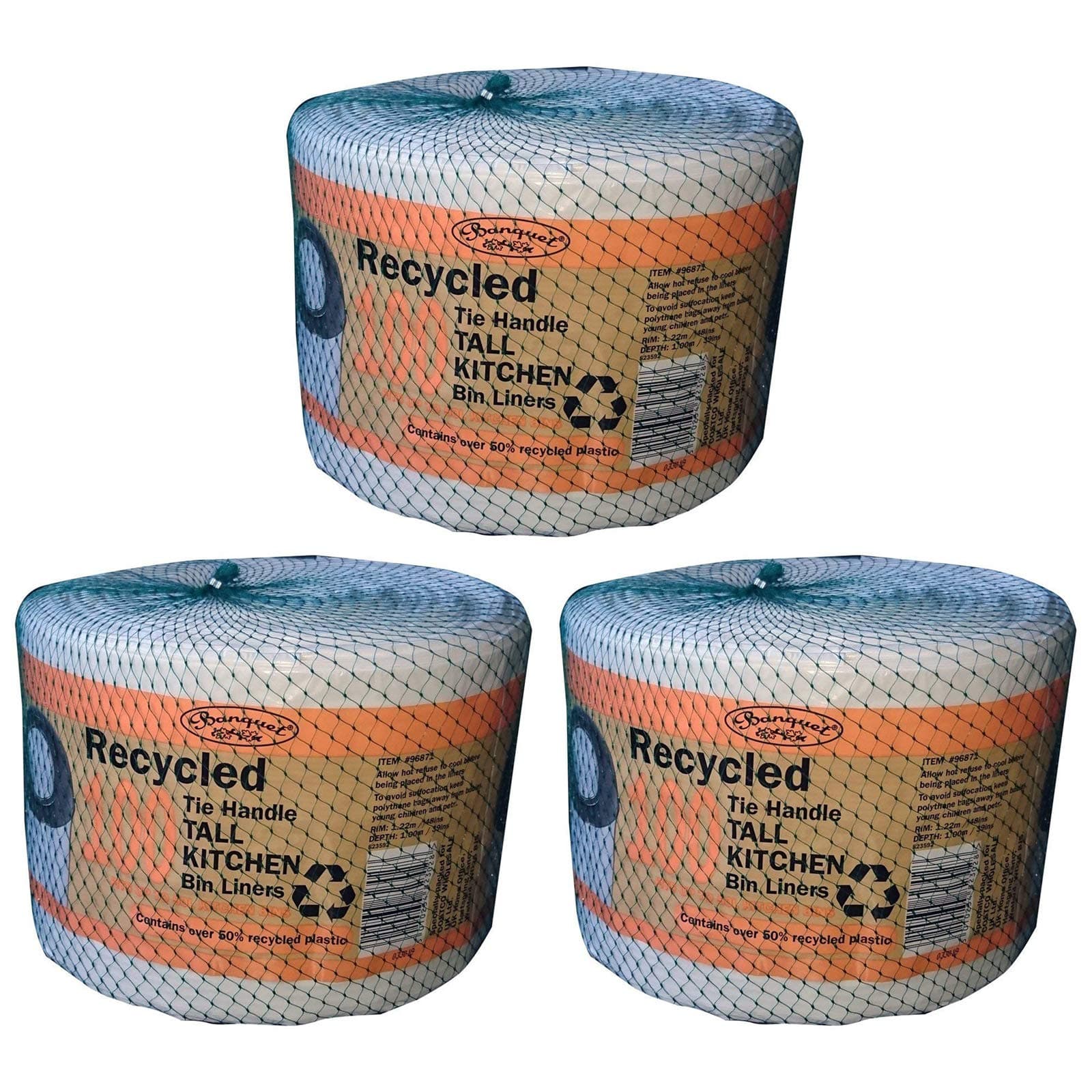 Recycled 100 Tie Handle Tall Kitchen Bin Liners, White (3 Pack - 300 Bags)