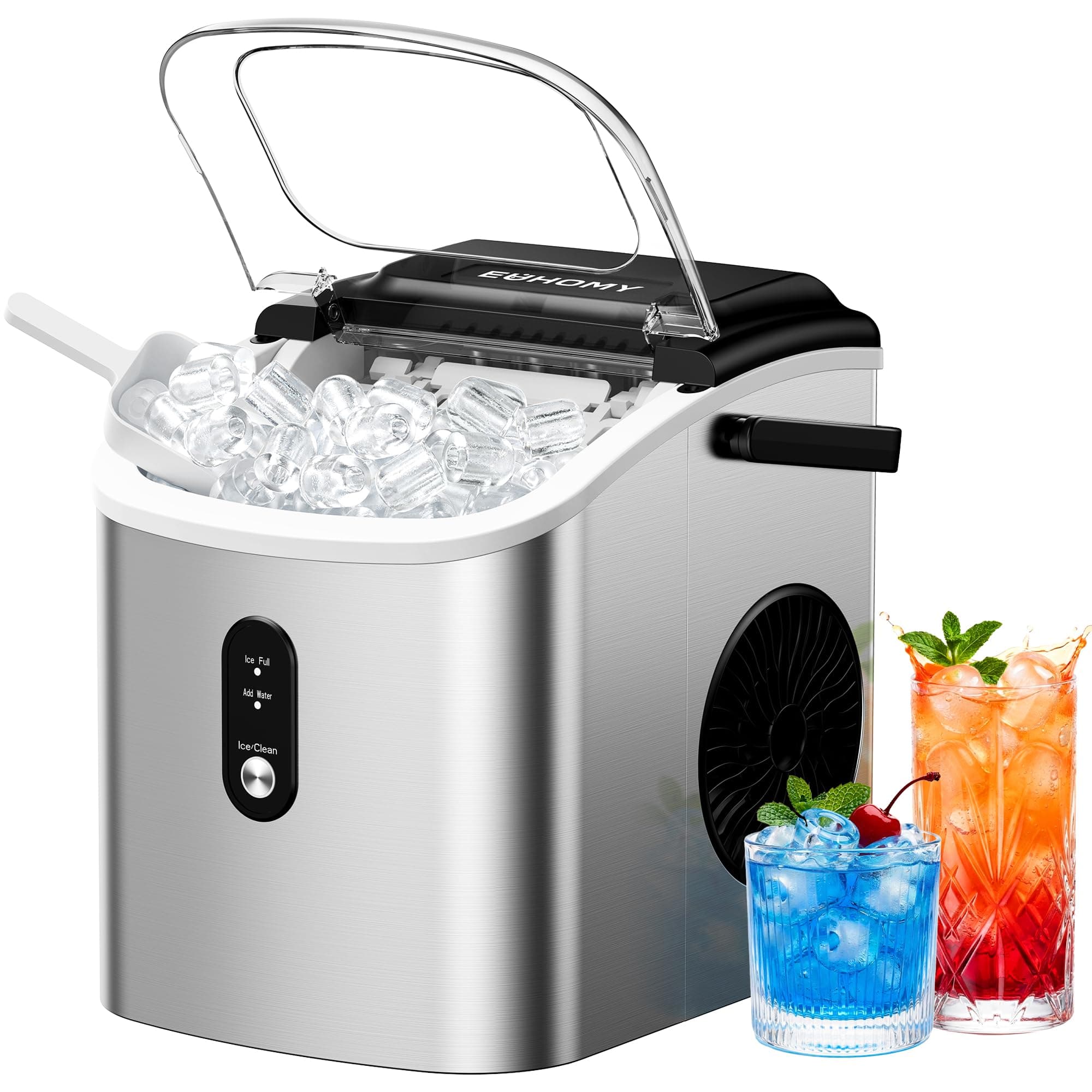 Ice Maker Countertop, Portable Ice Machine with Carry Handle, 26.5lbs Per Day, 9 Cubes in 6 Mins, Auto-Cleaning, with Basket and Scoop, for Home, Kitchen, Camping, RV (Silver)