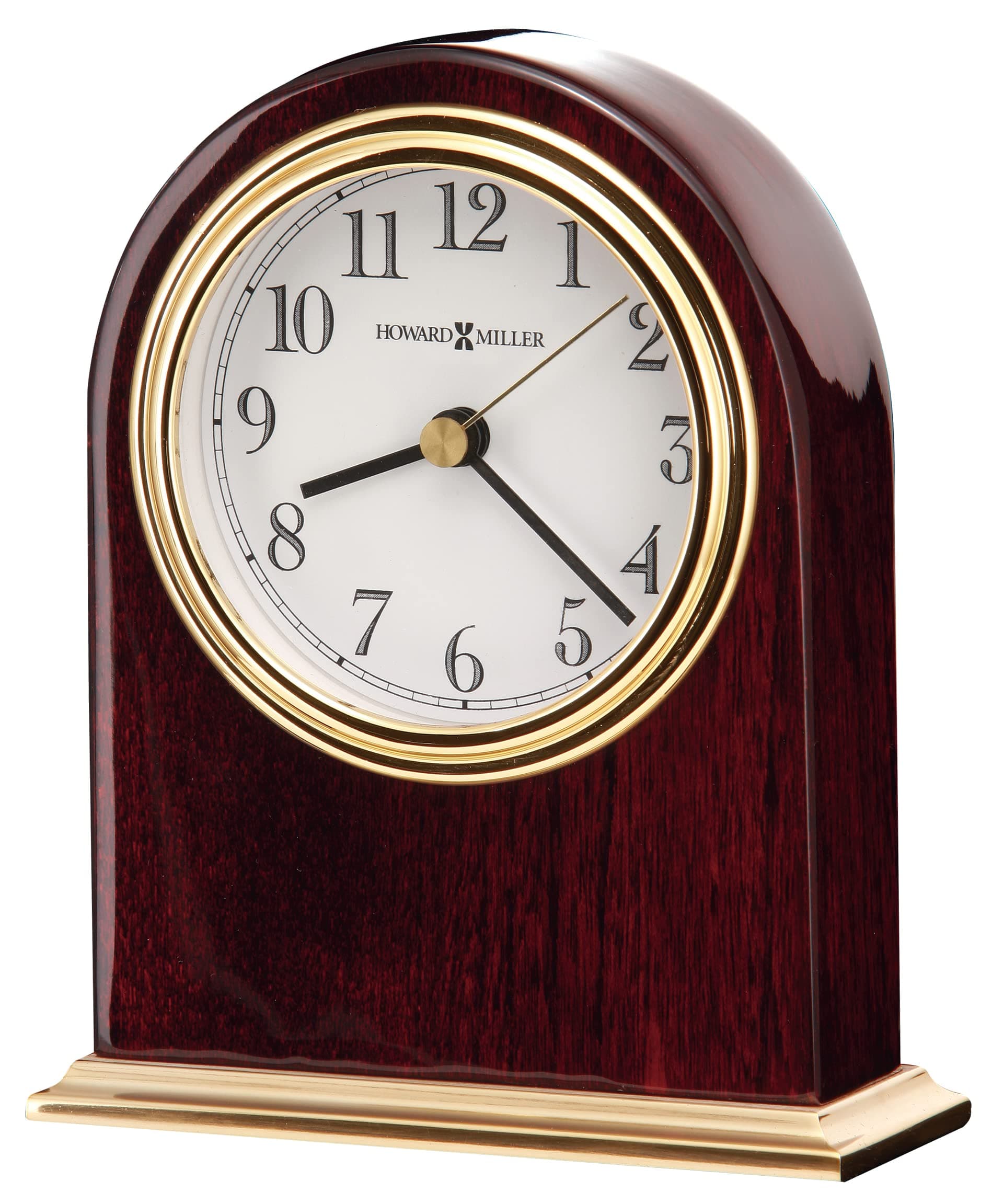 Howard Miller Monroe Table Clock - Arch-Shaped Analog Desk Clock, Wooden Tabletop Timepiece w/Brass Accents, Battery-Operated Quartz Movement, Shelf Decoration for Living Room, Bedroom, Office Decor