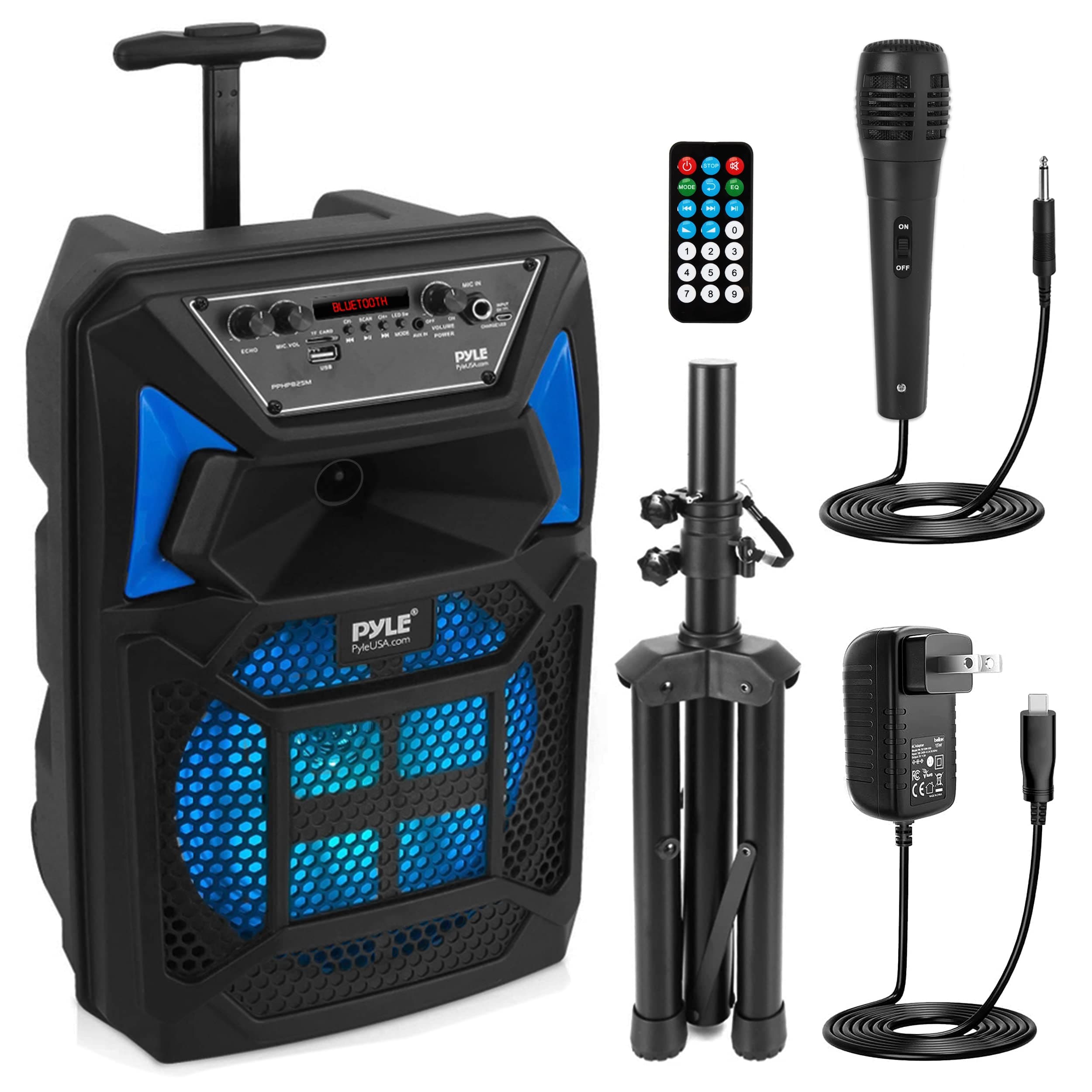 Pyle Bluetooth PA Speaker & Microphone System - Portable Karaoke Speaker with Wired Mic, Built-in LED Party Lights, FM Radio, MP3/USB/Micro SD Readers, Speaker Stand (8’’ Subwoofer, 400 Watt MAX)