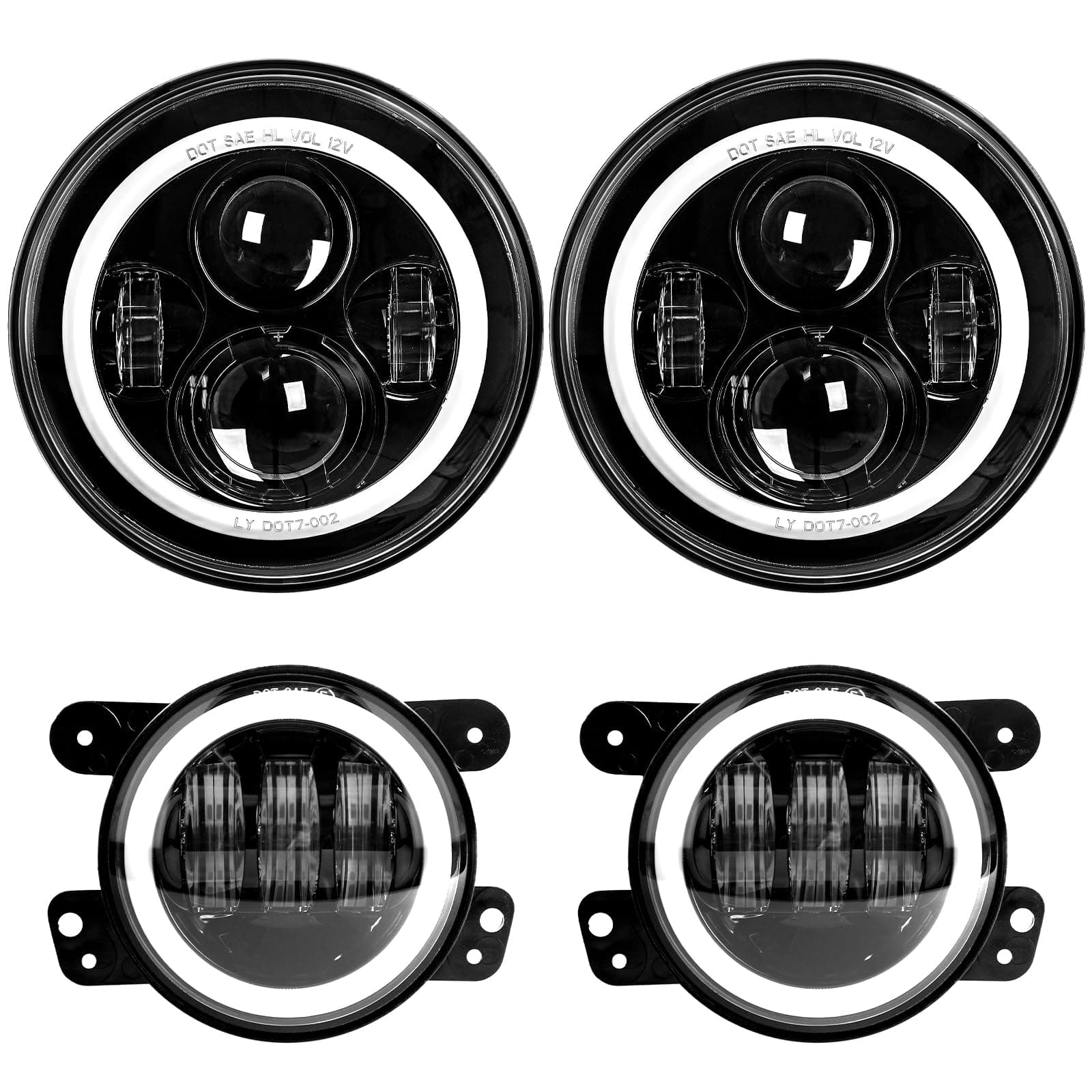 LX-LIGHT Dot Approved 7inch LED Headlights with White DRL/Amber Turn Signal + 4 inch LED Fog Lights with White DRL Halo Ring for Jeep Wrangler 97-2017 JK LJ Tj
