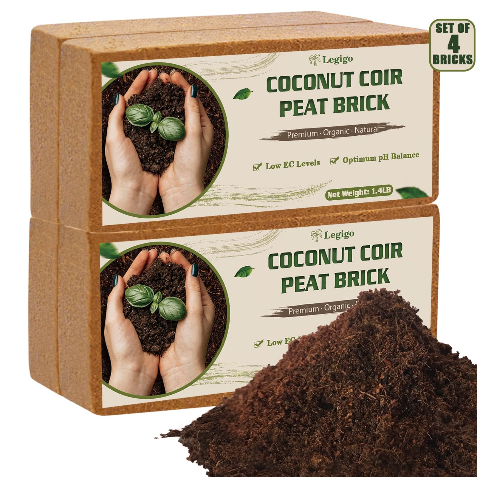 Legigo 4 Pack Premium Coco Coir Brick for Plants- 100% Organic Compressed Coconut Coir Bricks Starting Mix, Coco Coir Fiber Coconut Husk for Planting, Gardening, Potting Soil Substrate, Herbs