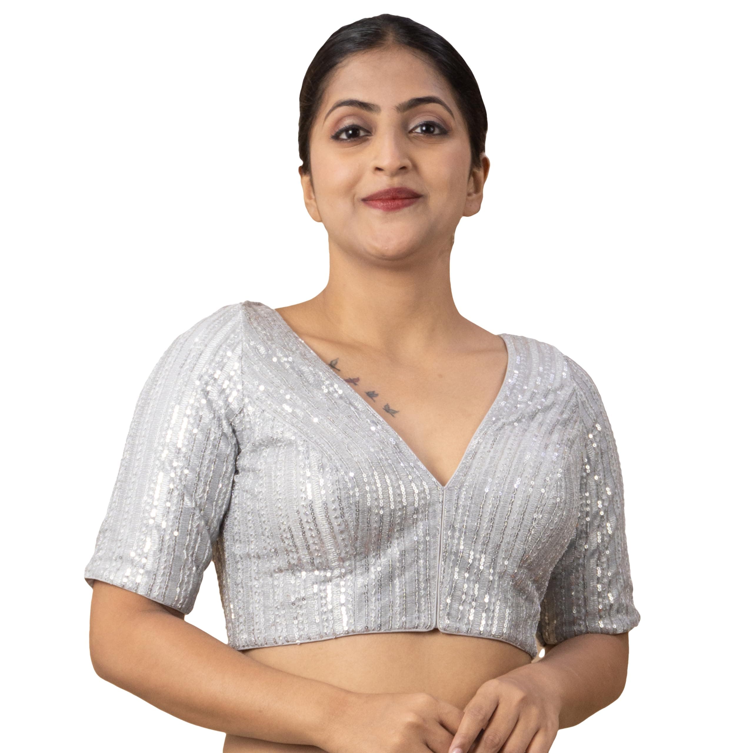 FIGURE'S DESIGNER Women's Sequin V Neck Elbow Half Sleeve Readymade Saree Blouse E1