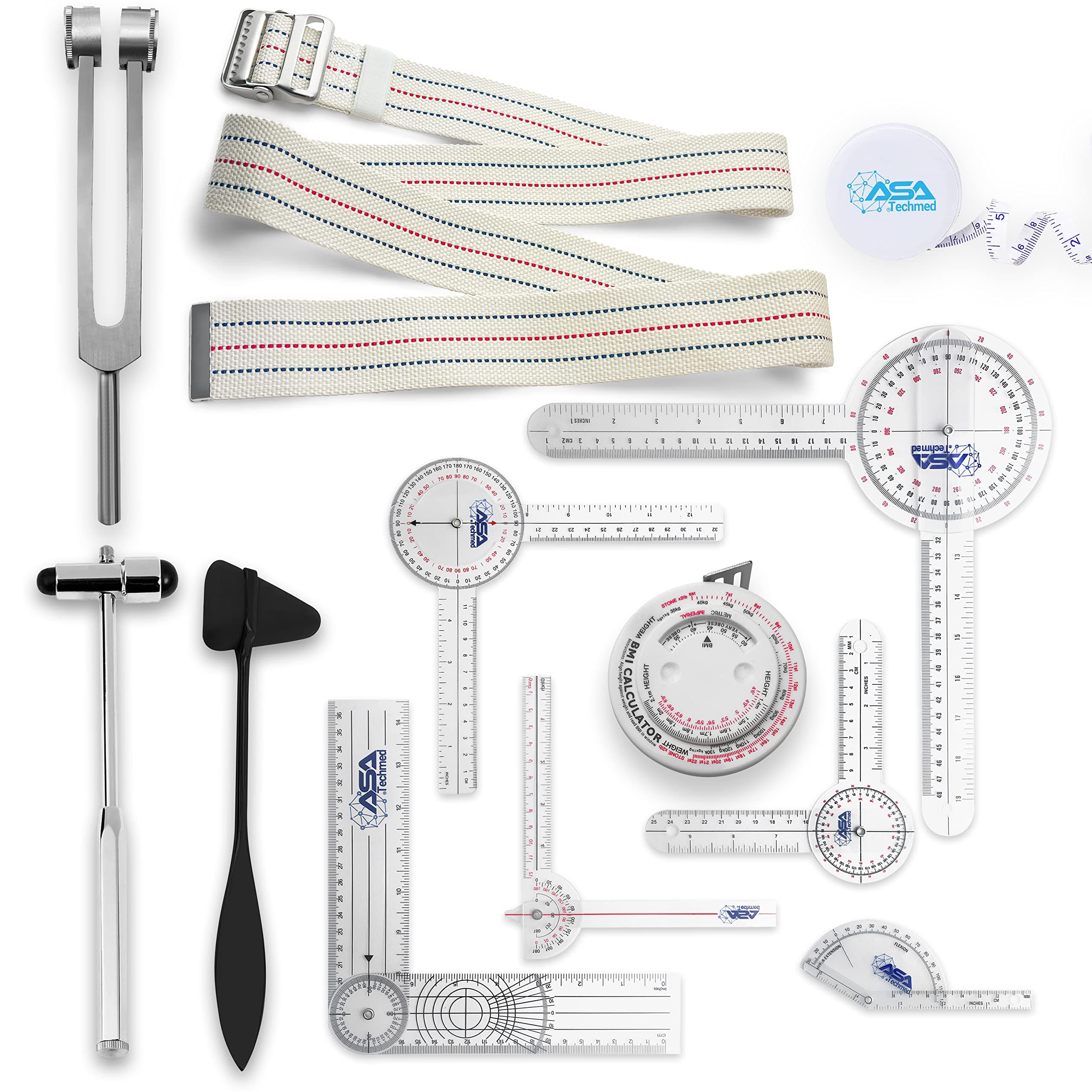 ASA TECHMED Complete Goniometer Set for Occupational Therapy, Physical Therapy - Includes 6, 8, 12 Inches Goniometer Set, Gait Belt, Measuring Tapes, Reflex Hammer