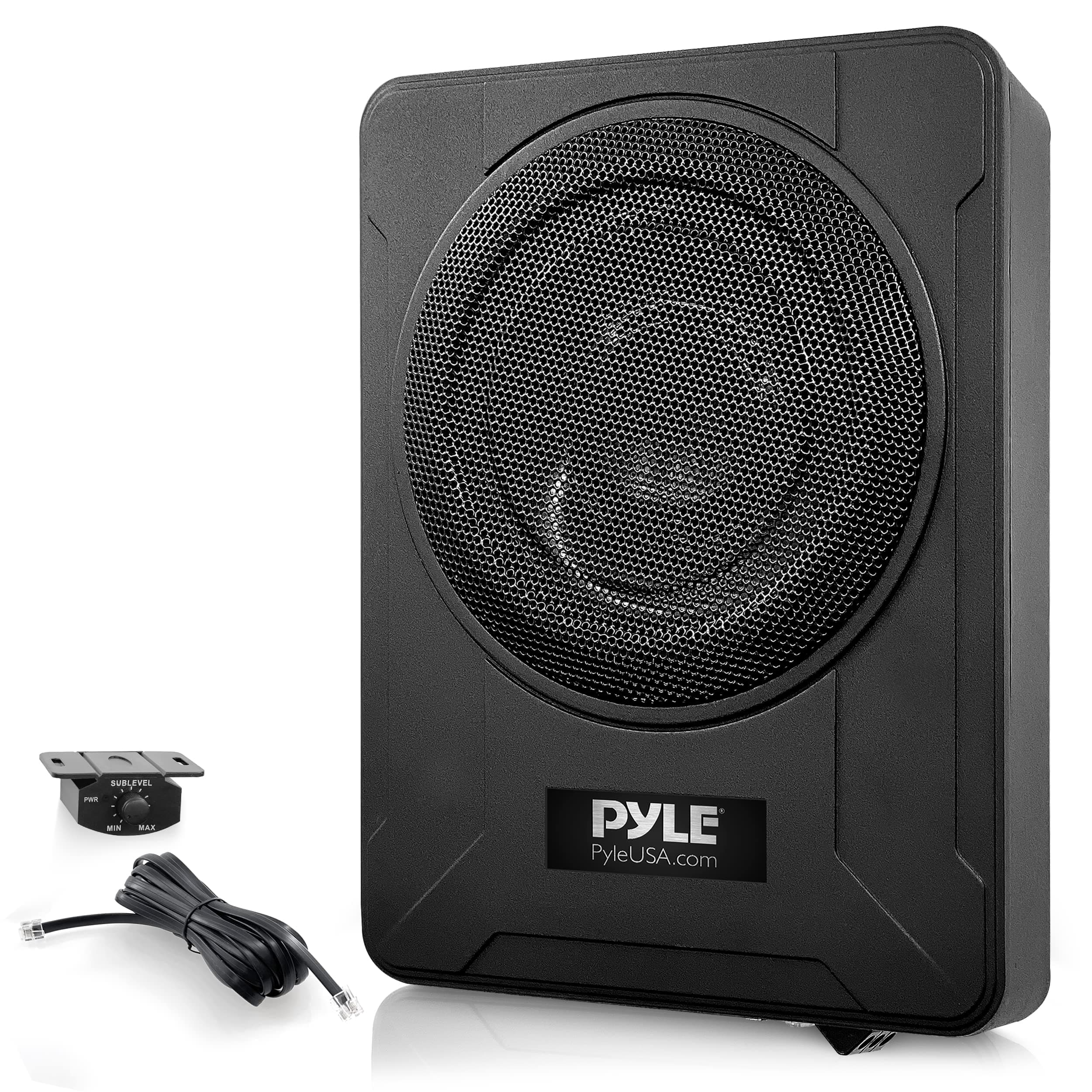 8-Inch Low-Profile Amplified Subwoofer System - 600 Watt Compact Enclosed Active Underseat Car Audio Subwoofer with Built In Amp, Powered Car Subwoofer w/ Low & High Level Inputs - Pyle PLBX8A