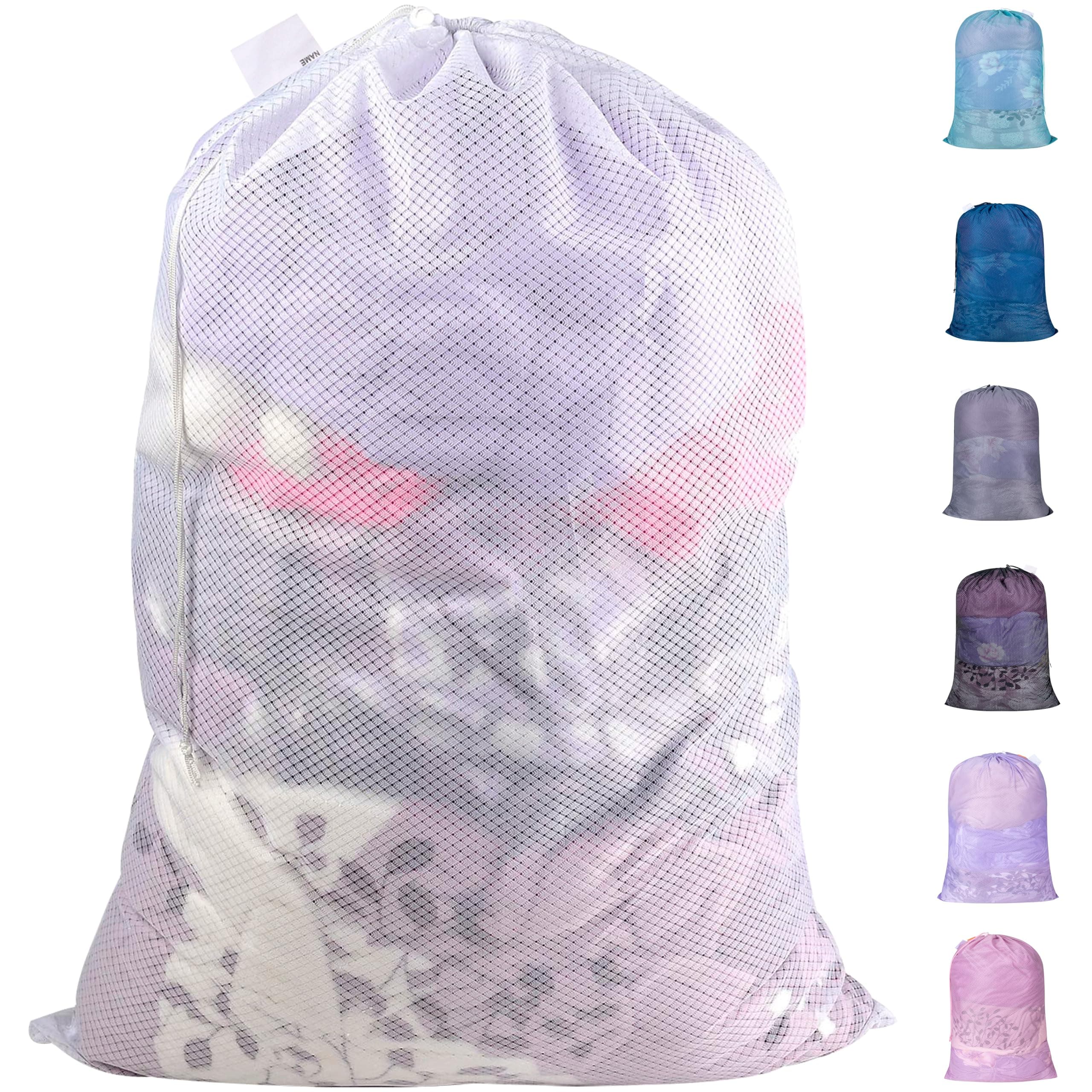 Extra Heavy Duty Large Diamond Mesh Laundry Bags with Drawstring Closure & ID Tag, 24 x 36 inches Washable Storage Bag for College, Travel, Sports, Dorms, White