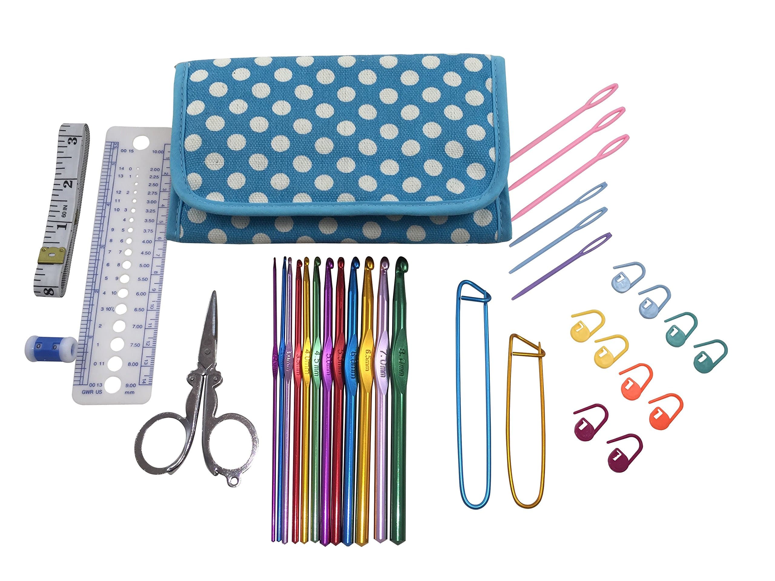 ULTIMATE CROCHET KIT Includes: Custom Canvas Crochet Case, Crochet Hook Set (12 Needles), Stitch Markers, Scissors, Yarn Needles, Measuring Tape, Safety Pins, Ruler, Gauge Measure and Row Counter. Everything you need to crochet your perfect pattern. Perfect for beginners, experts and kids just learning to crochet. [BLUE AND WHITE POLKA DOT PATTERN]