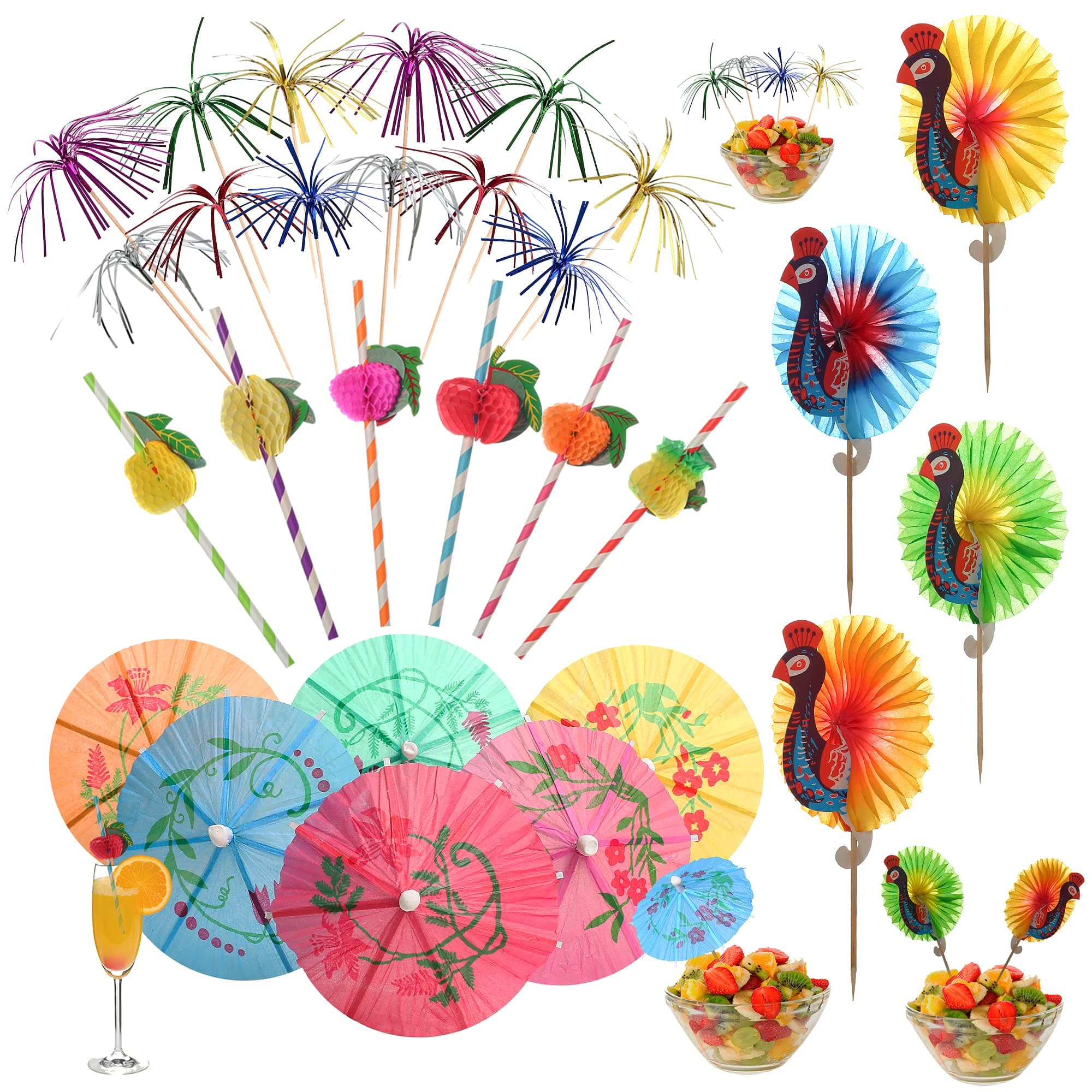 199 Pieces Cocktail Decorations for Drinks,Includes 50 PCS Cocktail Straws,100 PCS Fireworks Cocktail Sticks,24 PCS Cocktail Umbrellas,25 PCS Peacock Sticks,Cocktail Accessories for Christmas Party