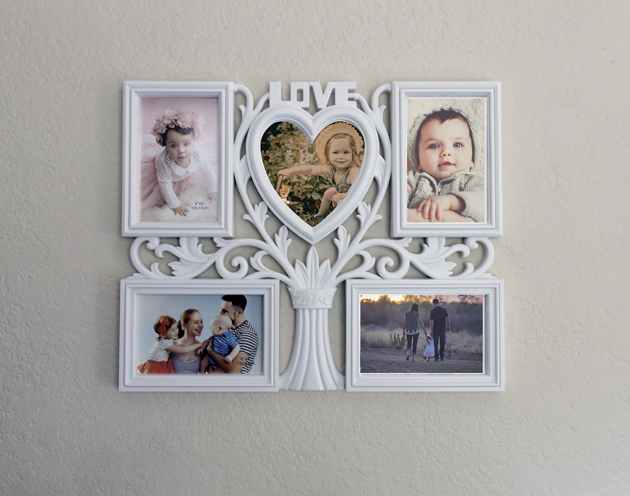 JOICE GIFT Decorative Wall Hanging Love Tree Collage Picture Frame 5 Option 4-Openings 4" x 6" & 1 Opening 4" x 4", White