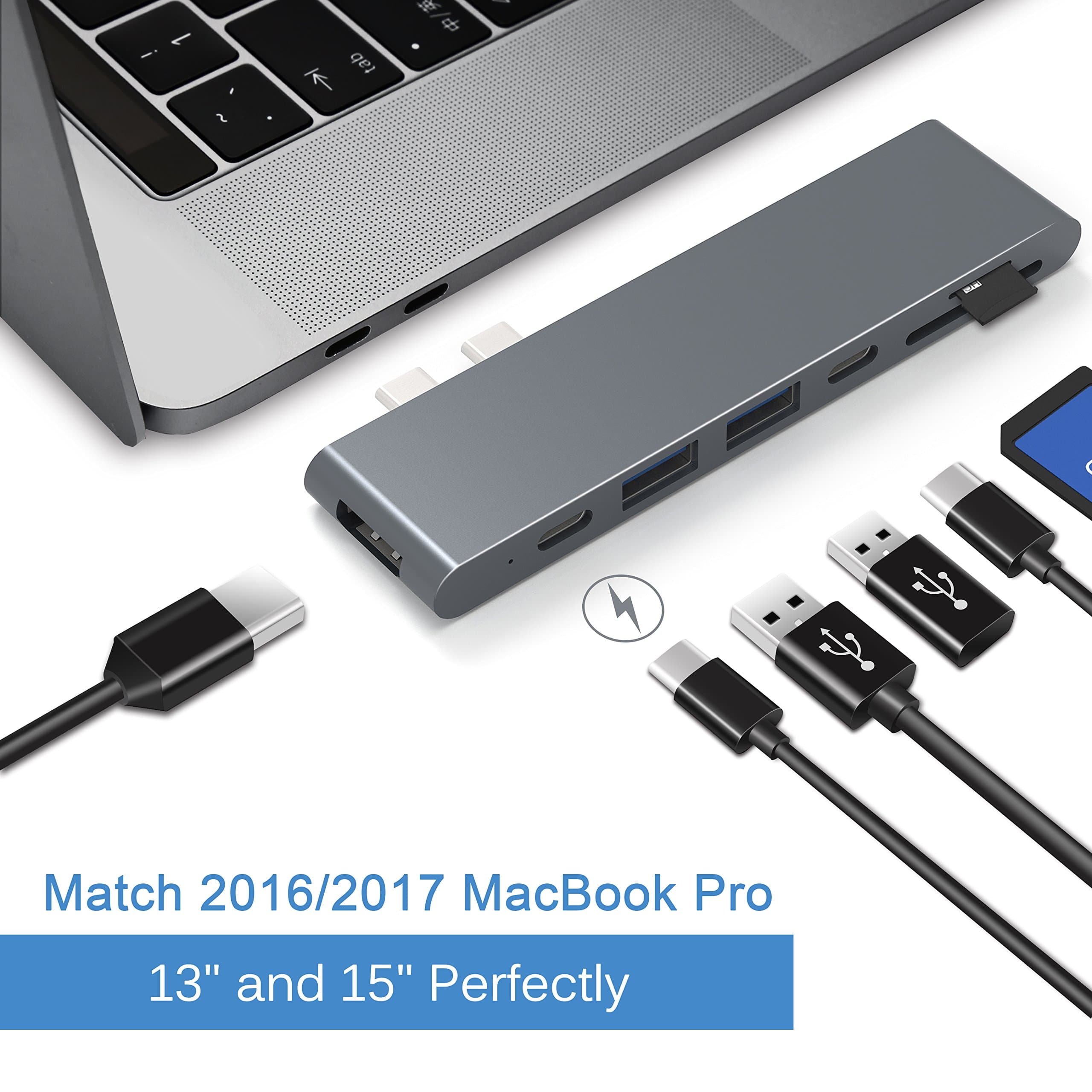 Cateck USB C Hub Adapter with Thunderbolt 3, USB-C 40Gbps Data Transmission, TF& SD Card Reader, 4K HDMI and 2-Port USB 3.0 for 2016/2017 MacBook Pro 13"/15" (Space Gray)