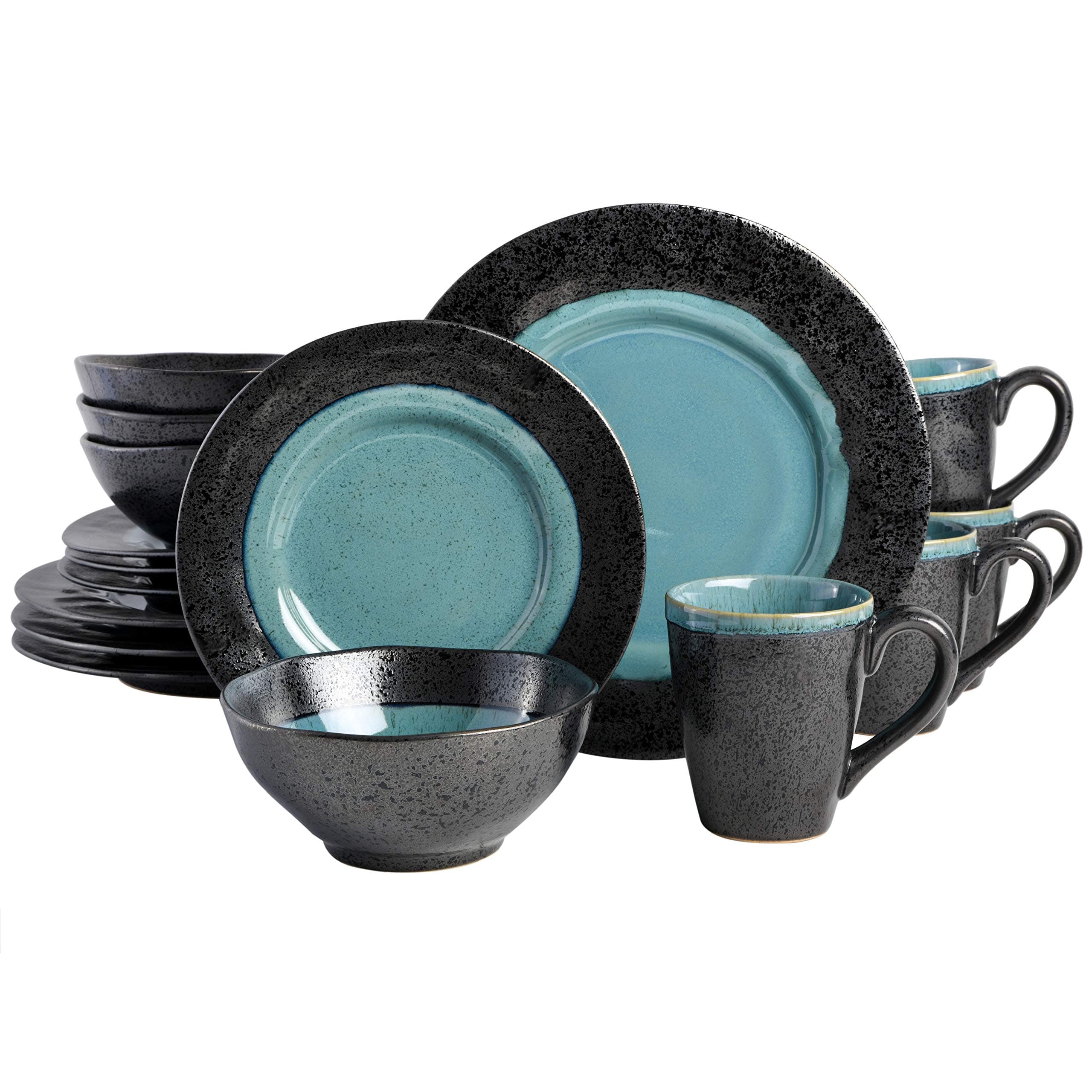 Dragonstone Round Reactive Glaze Stoneware Dinnerware Set, Service for Four (16pcs), Aqua