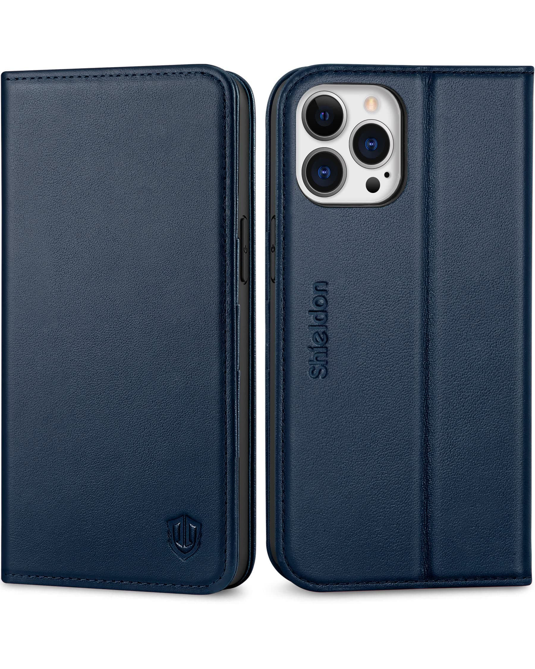 SHIELDON Wallet Case for iPhone 13 Pro Max, Shockproof Genuine Leather Magnetic Case, Card Holder RFID Blocking TPU Shell Kickstand Flip Cover Compatible with iPhone 13 Pro Max 6.7" 5G 2021, Navy Blue