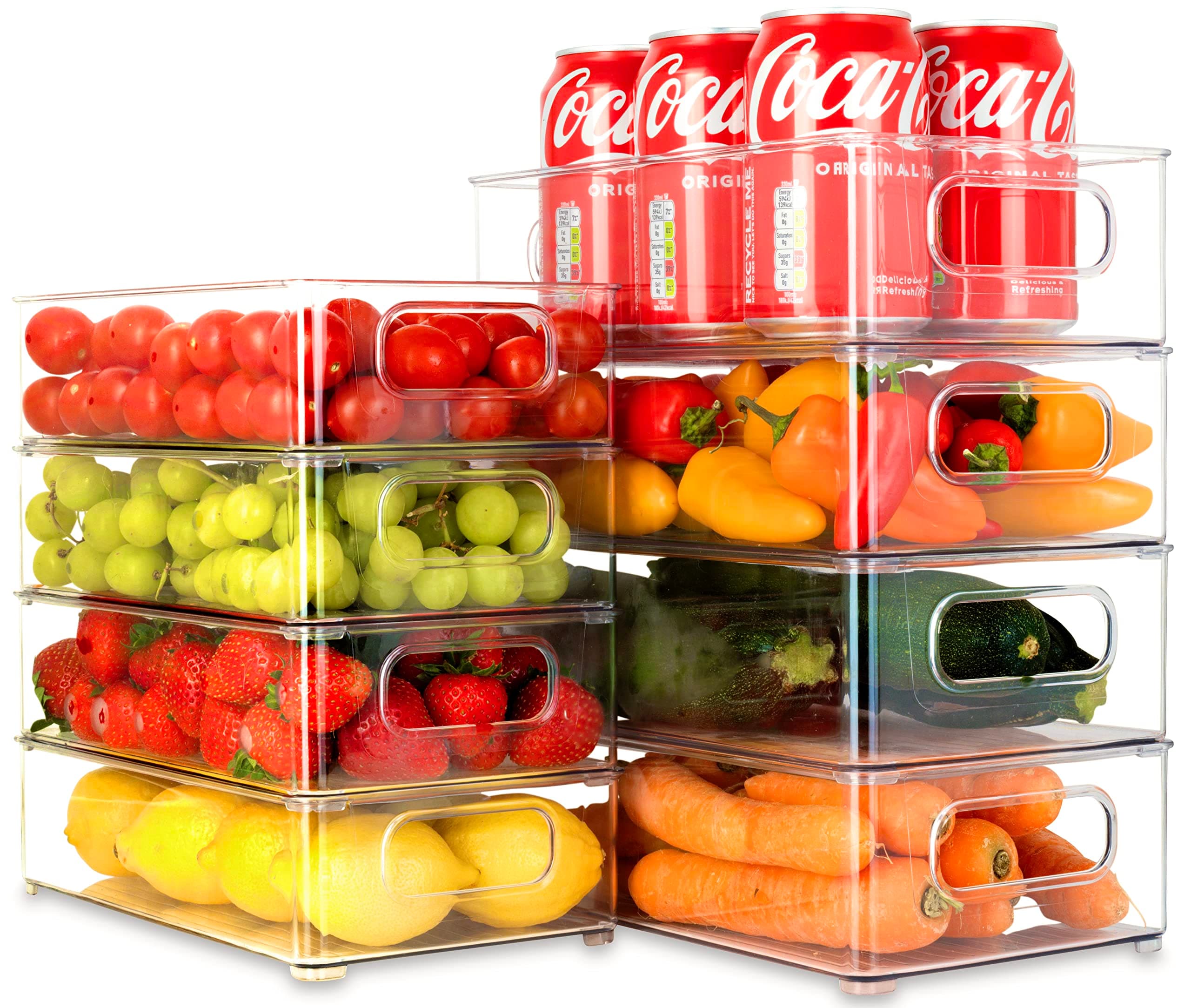 Set of 8 Stackable Fridge Organisers - Clear Fridge Storage Containers with Handles - Organizer Boxes for Refrigerator, Cupboard, Cabinet, Pantry, Snacks, Cans, Tins, Kitchen,
