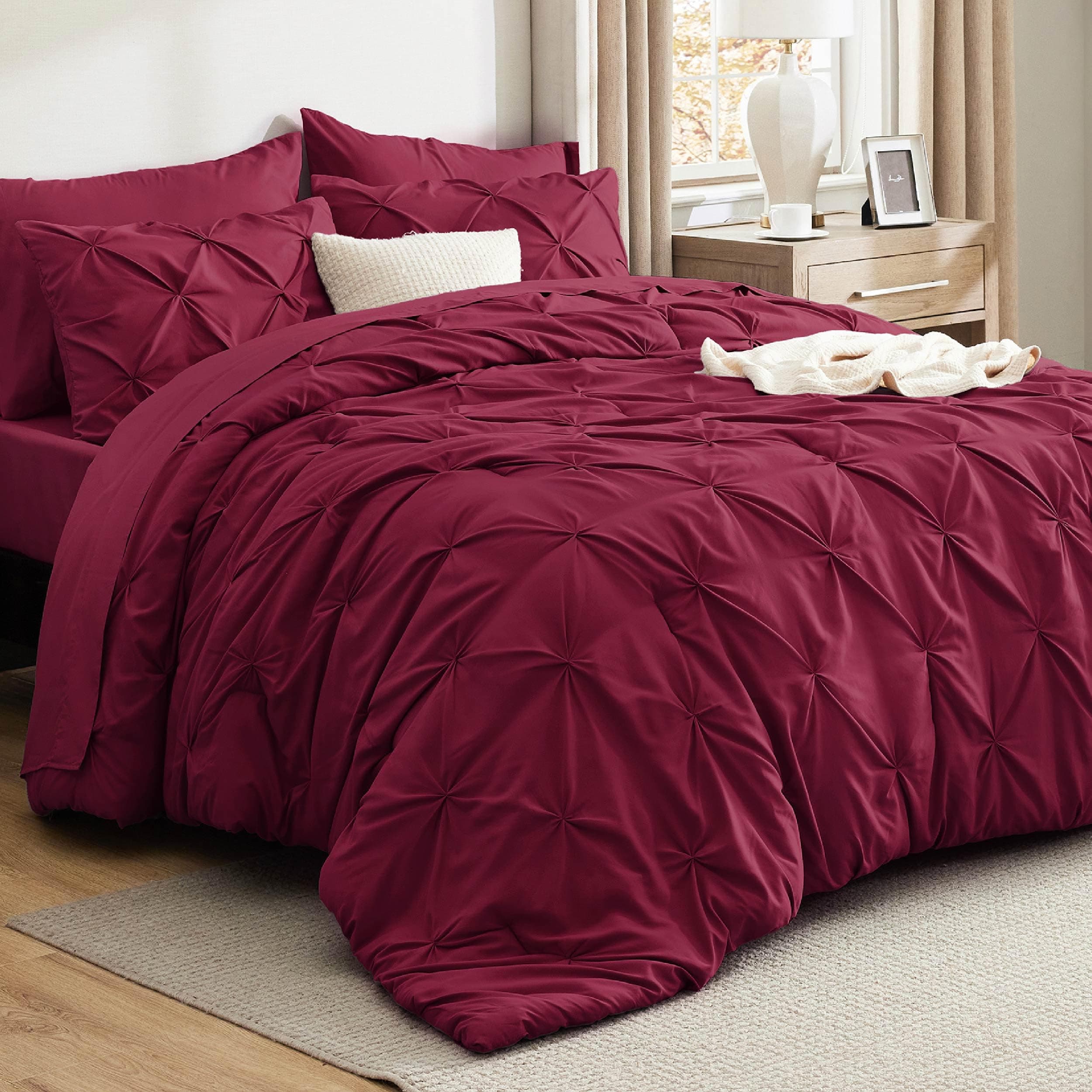 Full Comforter Set Dark Red - Bed in a Bag Full Size Bedding Set 7 Pieces, GentleSoft™ Pintuck Bed Set Gift for Family, Pinch Pleat All Season Comforter with Sheets, Pillowcases & Shams