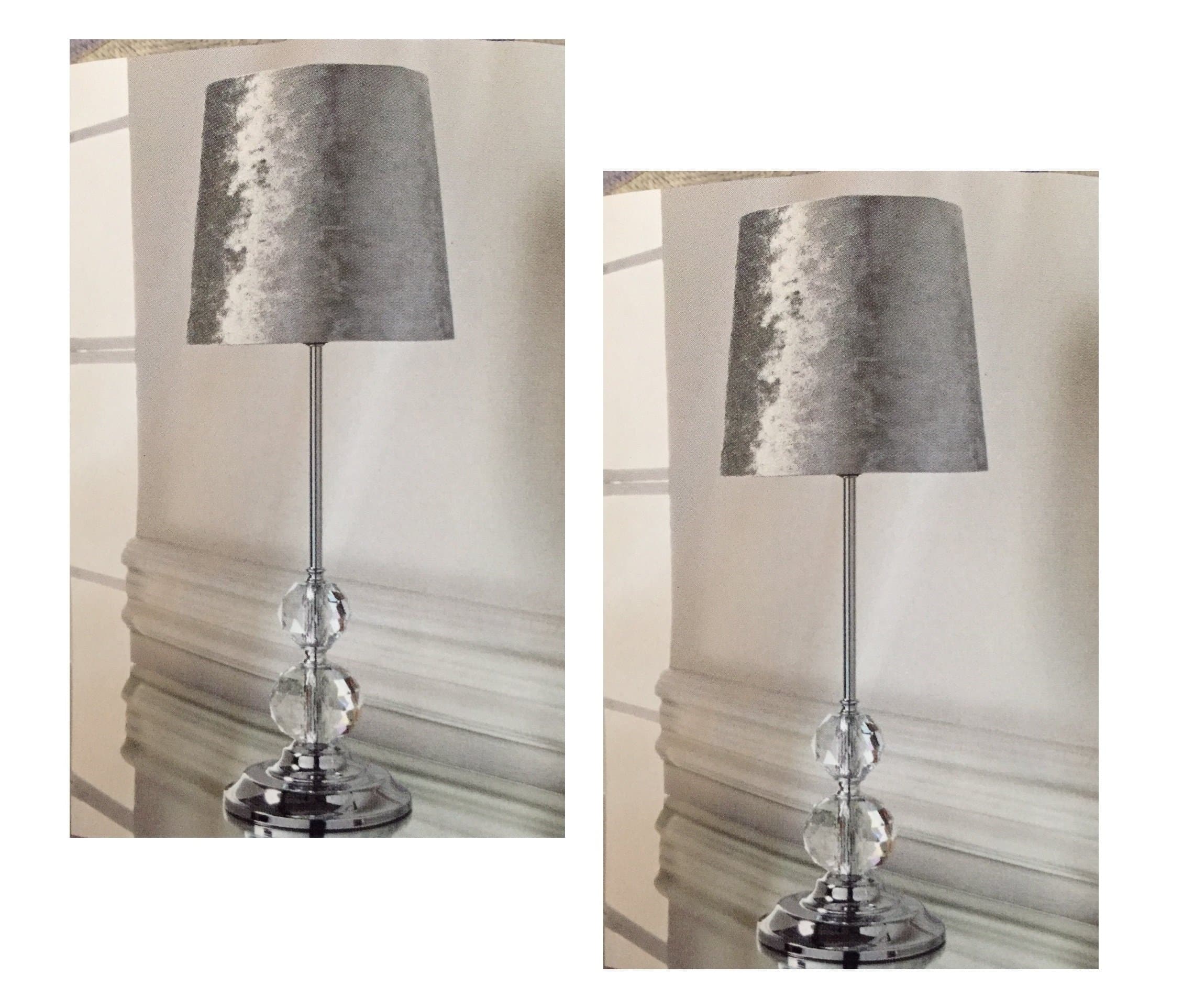 Luxe Crystal Chrome Base Crushed Velvet Table Lamp Bedside Complete Tablelamp Silver/Grey Ideal for Bedroom/Living Room Elegant Lamps Luxury Modern 50cm Height - Pair - Set of 2 Lamps Bundle