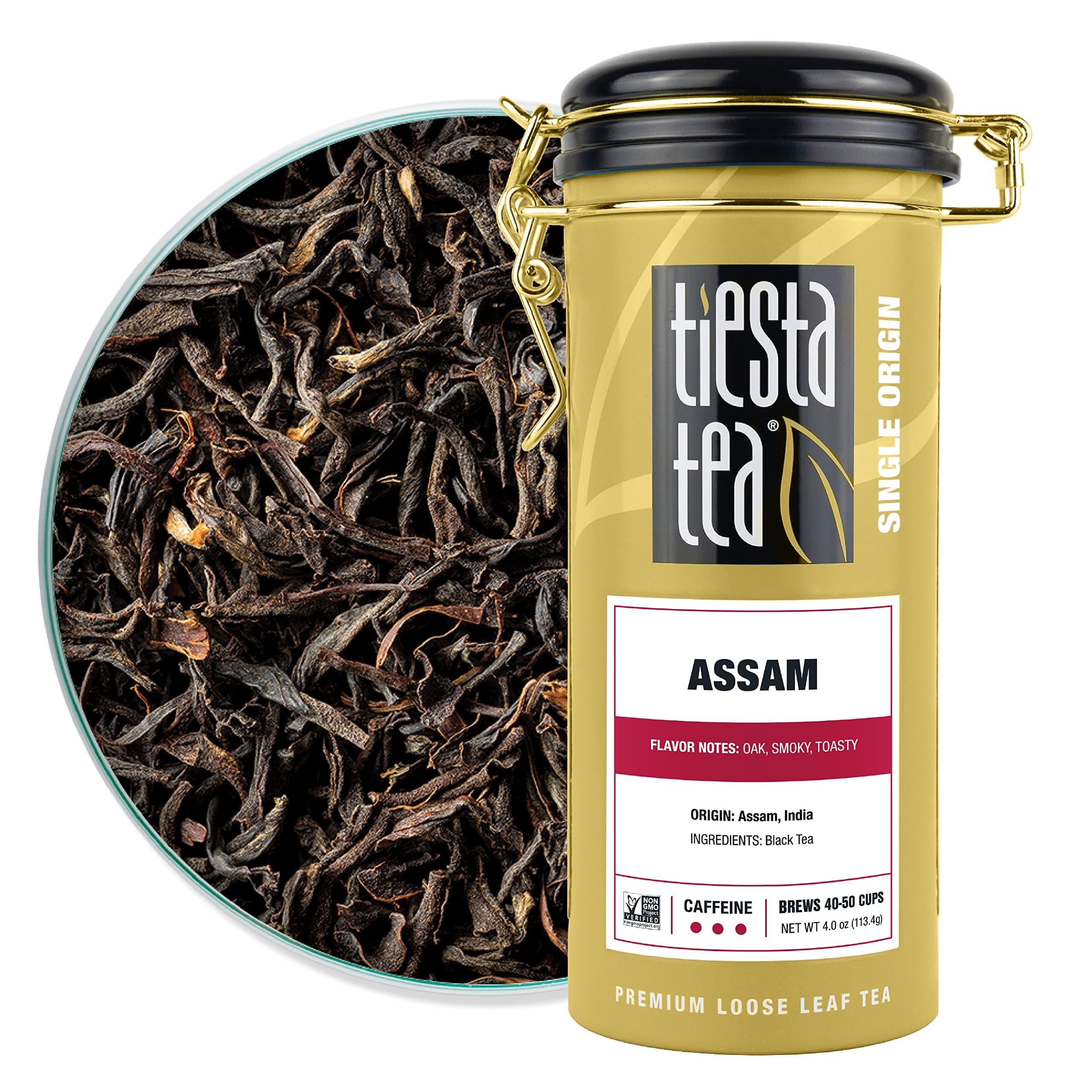 Assam Black Tea, Loose Leaf, Single Origin Premium Black from India, High Caffeinated, Make Hot or Iced & Brews Up to 50 Cups, Pure Unblended, 4oz Refillable Tin