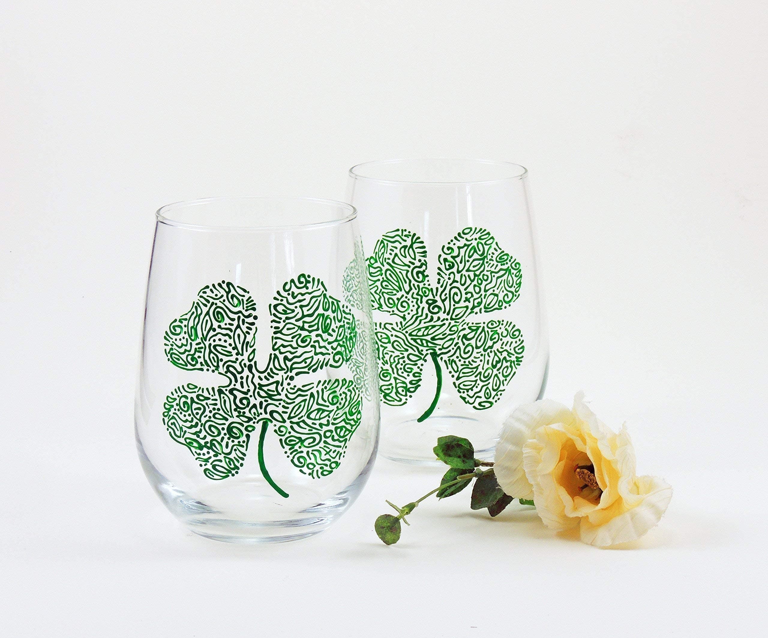 Hand painted Shamrock wine glasses