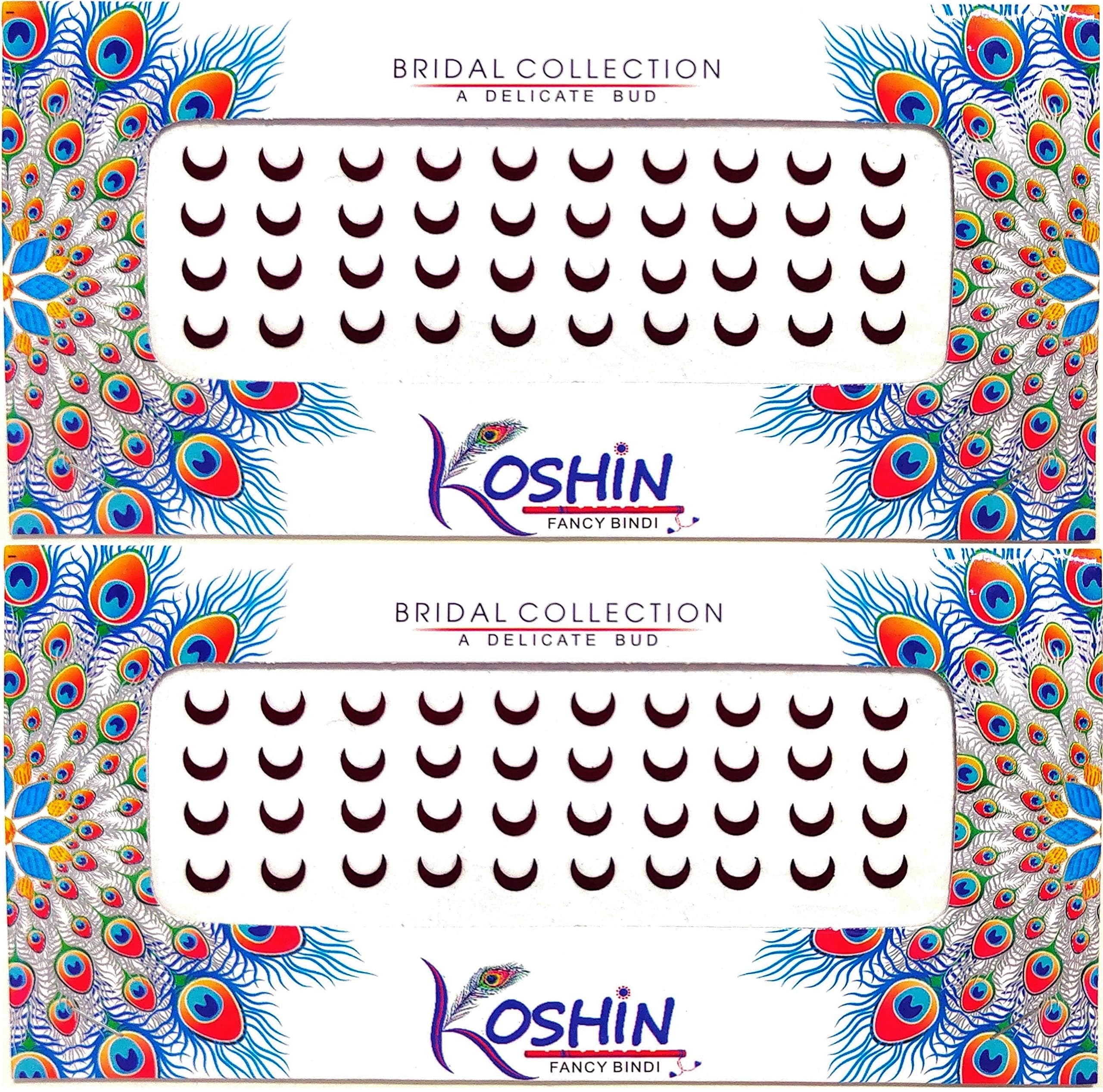 KOSHIN Dark Maroon Half Moon Shape Medium Size Height 6mm x Width 7mm Forehead Bindi for Girls Women Ladies - Velvet Kumkum Self Adhesive | Chandrakor | Crescent | Chand | Combo Pack 2