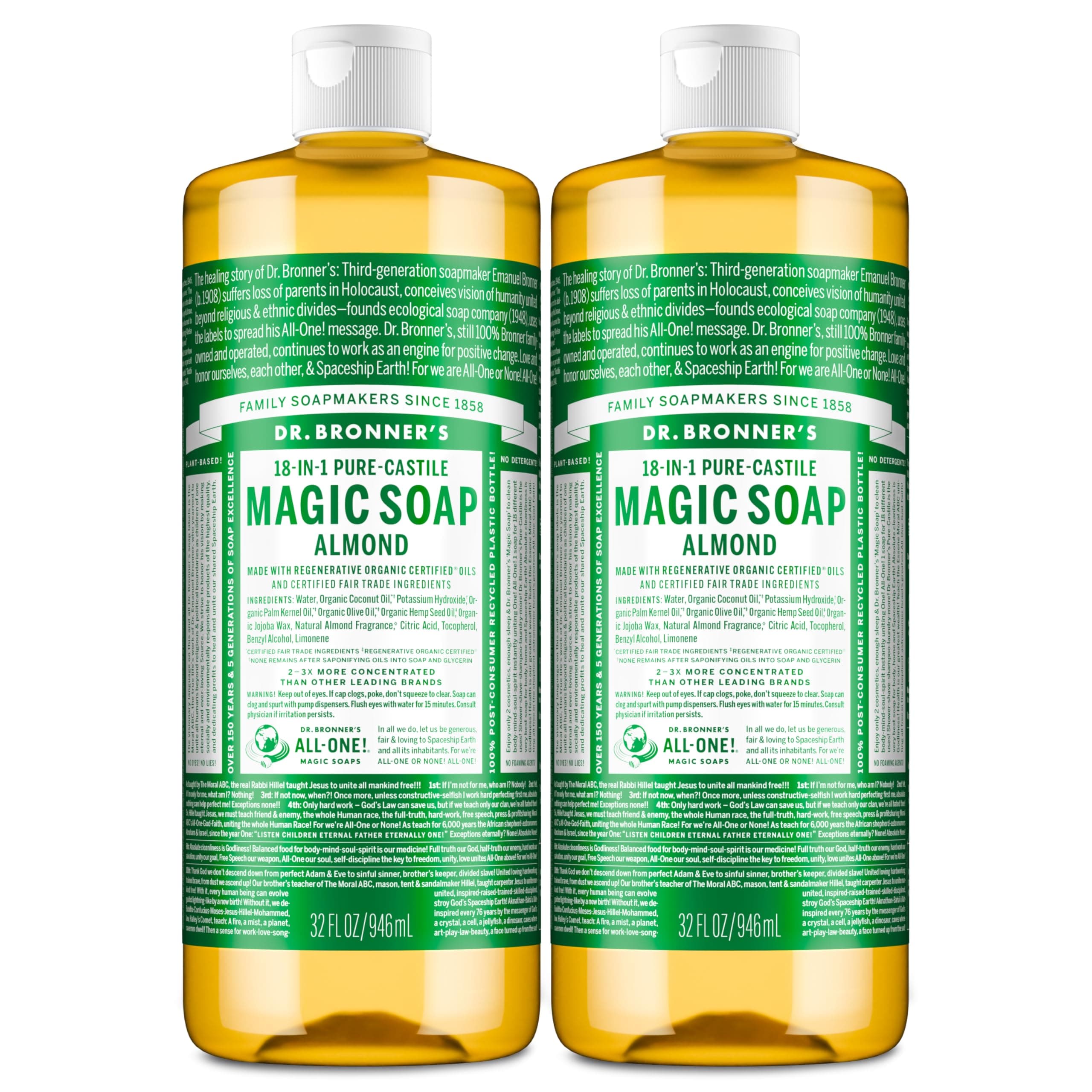 Pure-Castile Magic Liquid Soap (Almond, 32 Ounce, 2-Pack)- Made with Regenerative Organic Certified Oils, 18-in1 Uses: Face, Hair, Hand & Body Soap, Laundry, Pets- Concentrated, Vegan