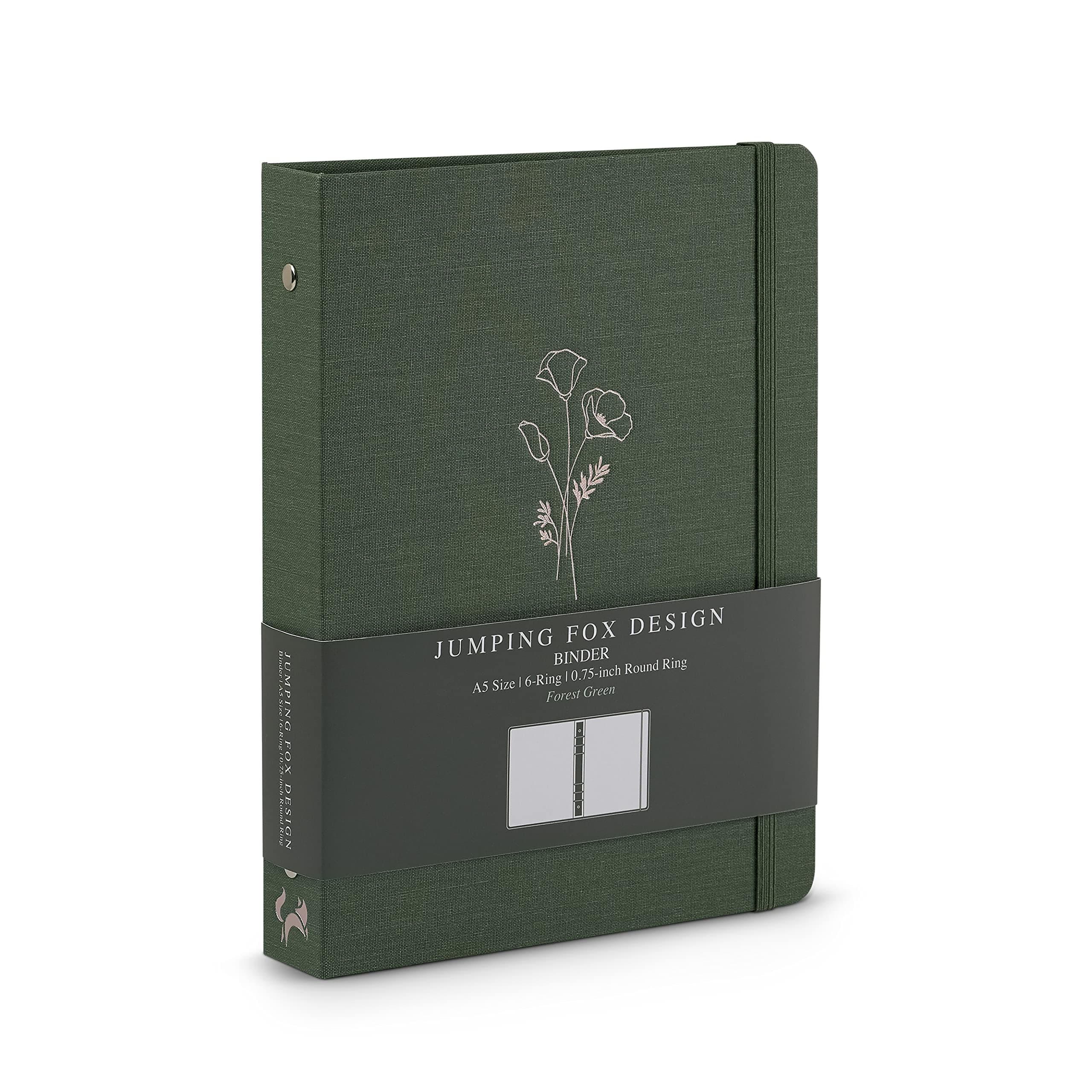 Jumping Fox Design Linen Fabric 6 Ring A5 Binder, 0.75 Inch Small, for 6 Hole Punch Refill Paper and Planner Inserts (Forest Green)