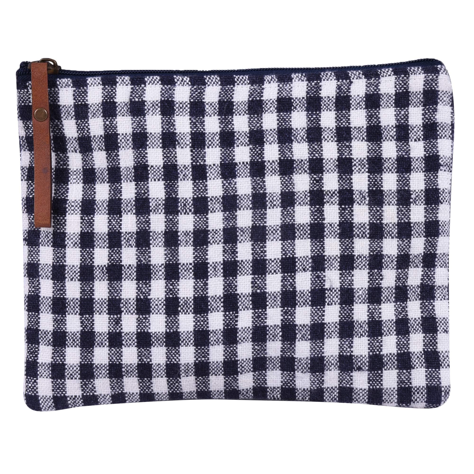SnH Homes Gingham Check Linen Single Compartment Multipurpose makeup/cosmetic/travel/stationery/Accessory Navy Dark Blue Pouch/Case/Kit/clutch/wallet with Zip & Leather wristlet (pack of 1)