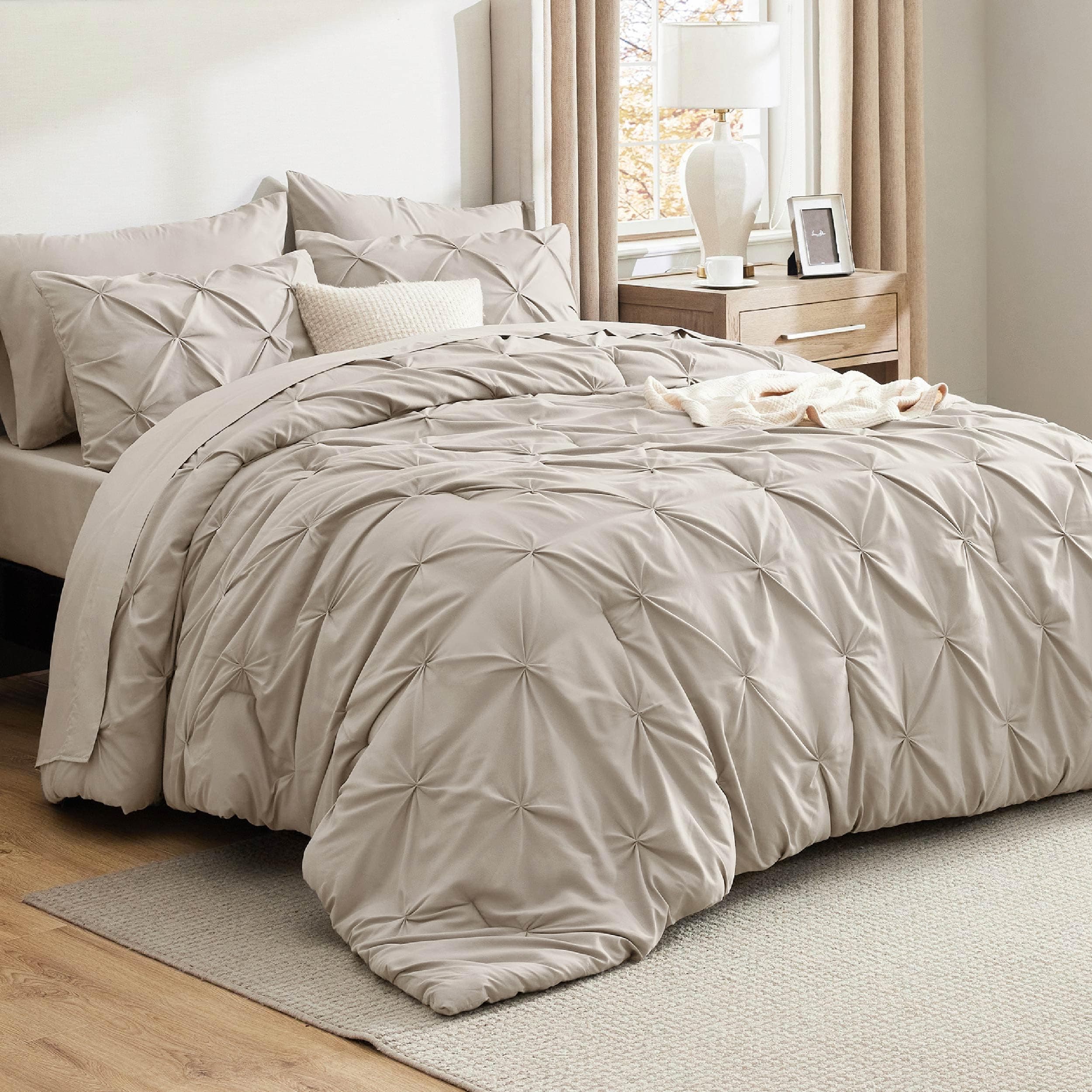 Oversized Queen Comforter Set Beige - Bed in a Bag Bedding Set 7 Pieces, GentleSoft™ Pintuck Bed Set Gift for Family, Pinch Pleat All Season Comforter with Sheets, Pillowcases & Shams