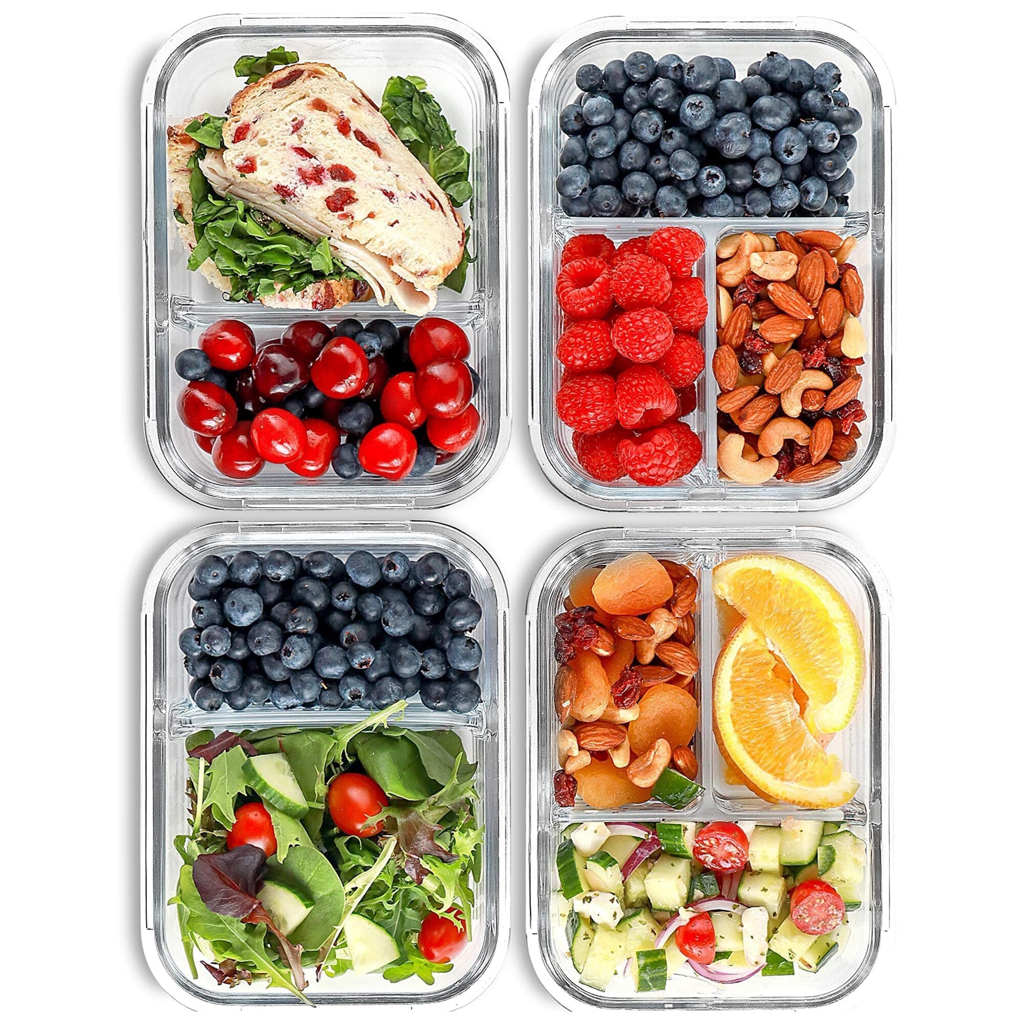 2 & 3 Compartment Glass Meal Prep Containers (4 Pack)