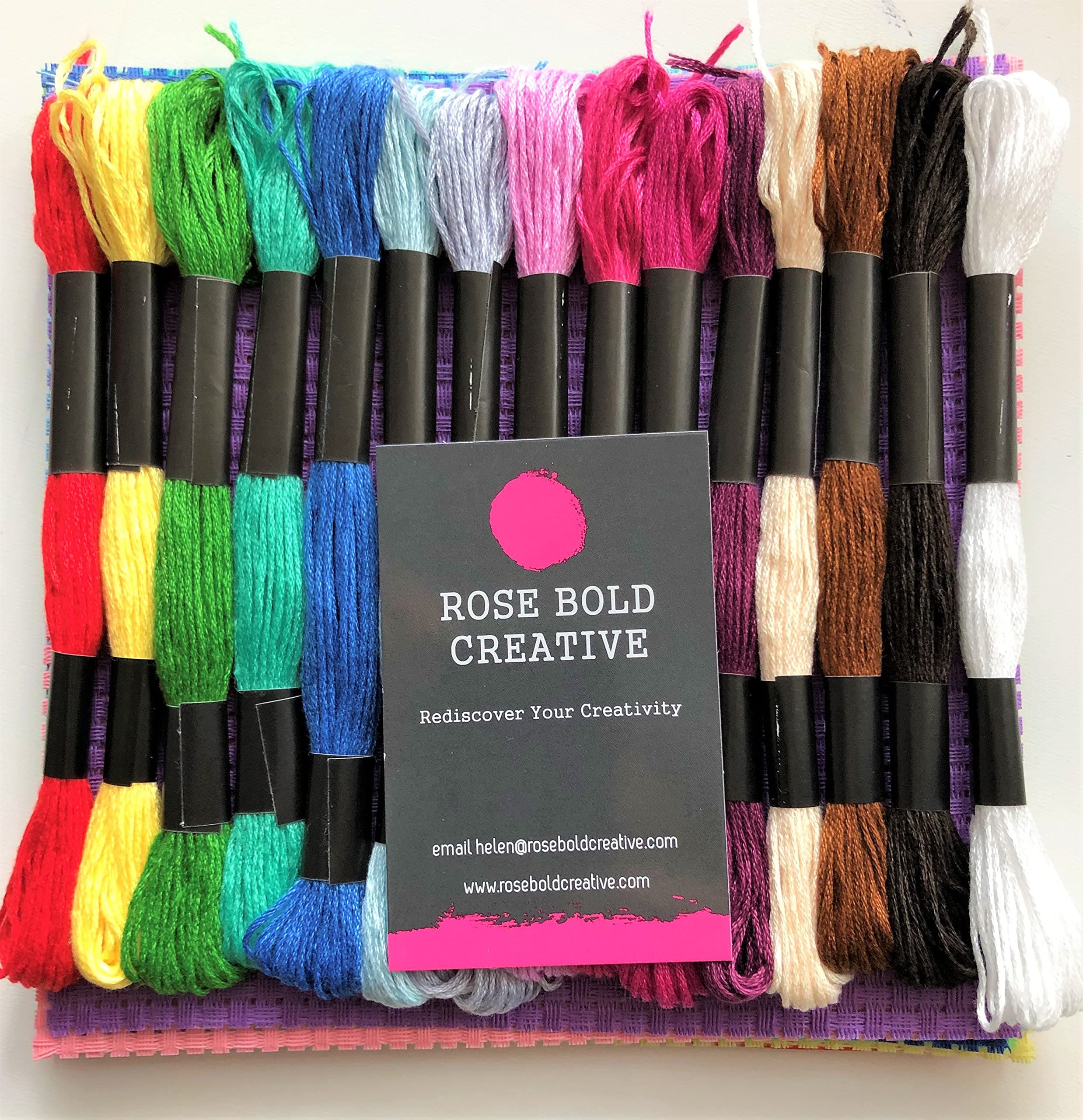 Pack 10 Assorted Colour Binca Sheets Plus 15 Skeins Coloured Thread Plus 2 Embroidery Needles