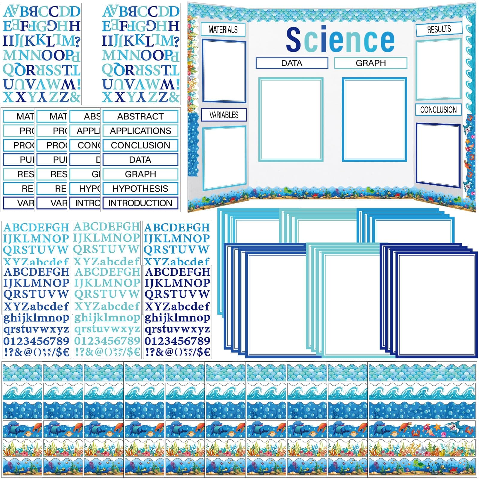 96 Pcs Science Fair Board Supplies Includes Self Adhesive Science Fair Project Titles Subtitles Presentation Bulletin Border Letter Stickers First Day of School Back Classroom(Ocean Style)
