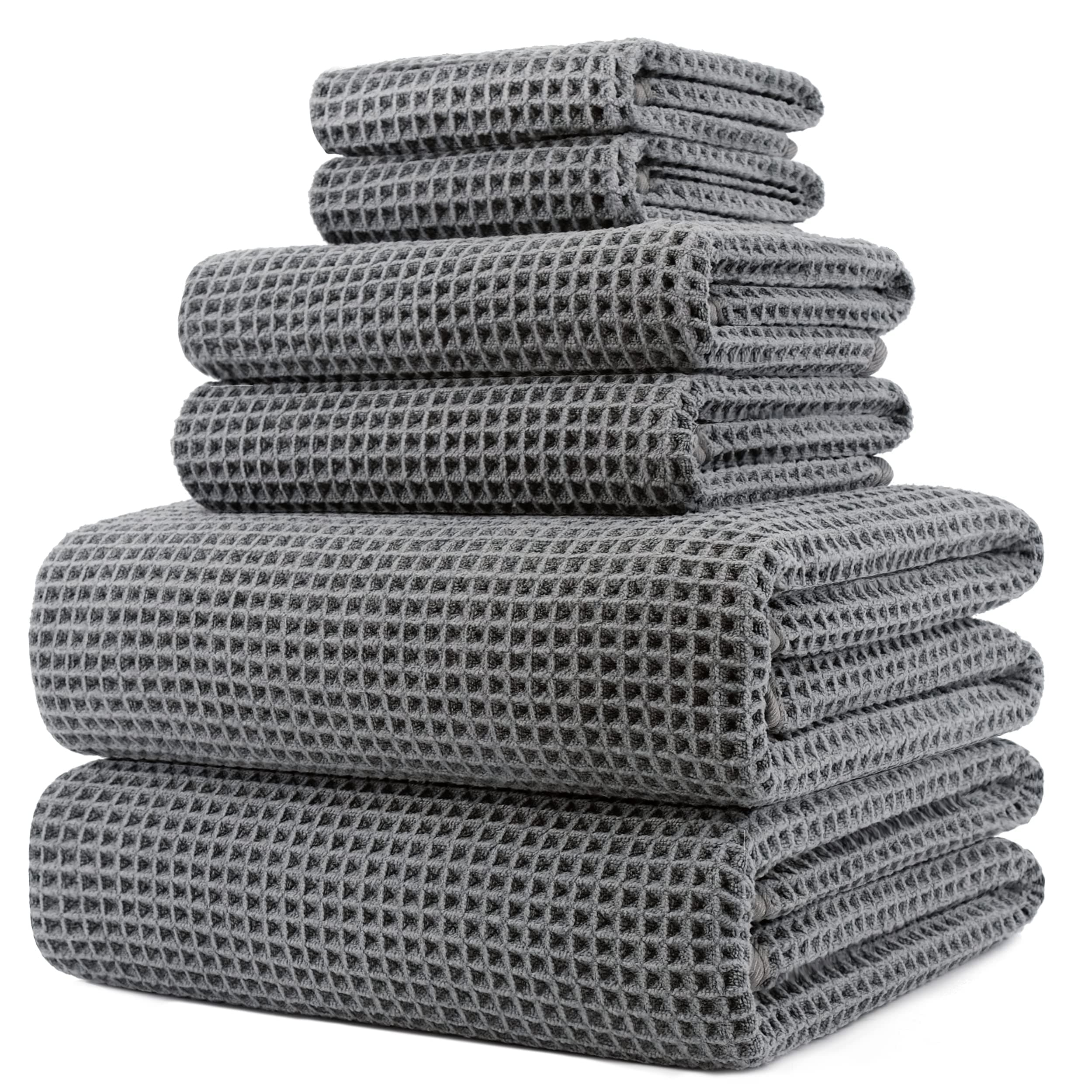 Oversize, 60 x 30 in., Quick Dry Lint Free Microfiber Bath Towel Set, 6 Piece (Gray, Waffle Weave)