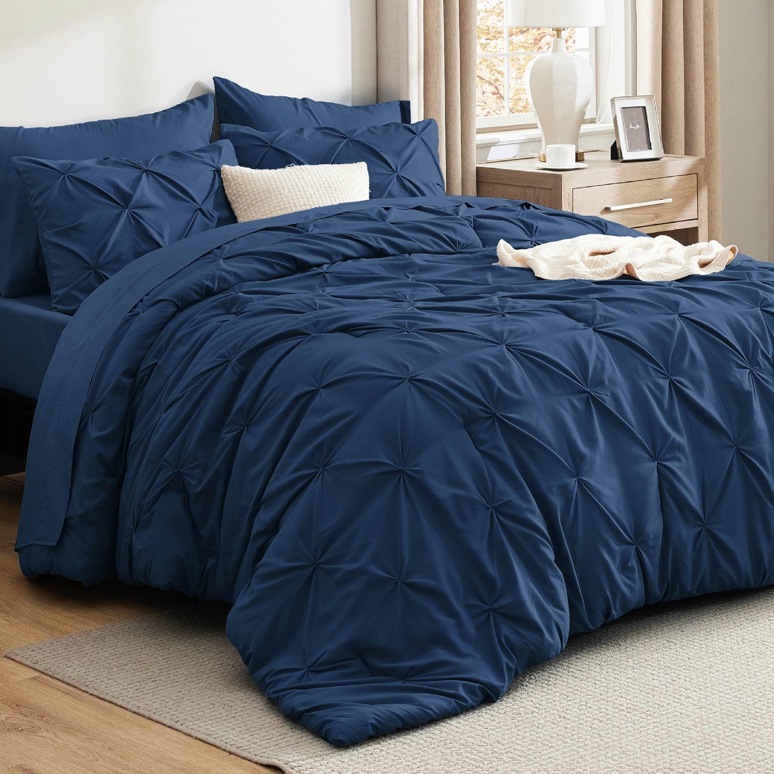 Queen Comforter Set Navy - Bed in a Bag Queen Size Bedding 7 Pieces, GentleSoft™ Pintuck Bed Set Gift for Family, Pinch Pleat All Season Comforter with Sheets, Pillowcases & Shams
