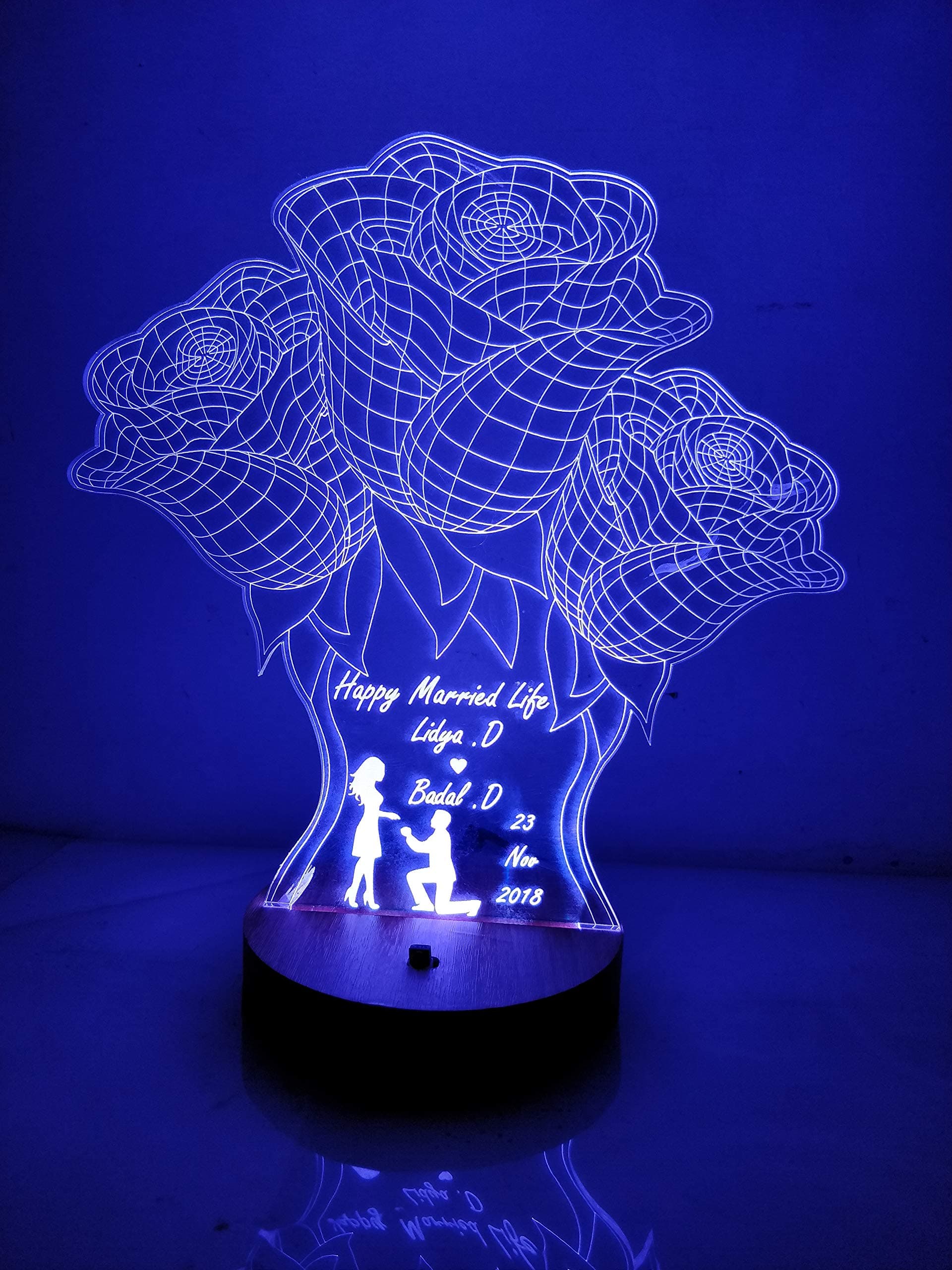 DESIGN ELLE Personalized Blue 3D Rose LED Illusion Lamp Gift – Custom Name & Text – Romantic Night Light for Couples, Husband, Wife – Wedding, Anniversary, Birthday & Valentine’s Day Gift