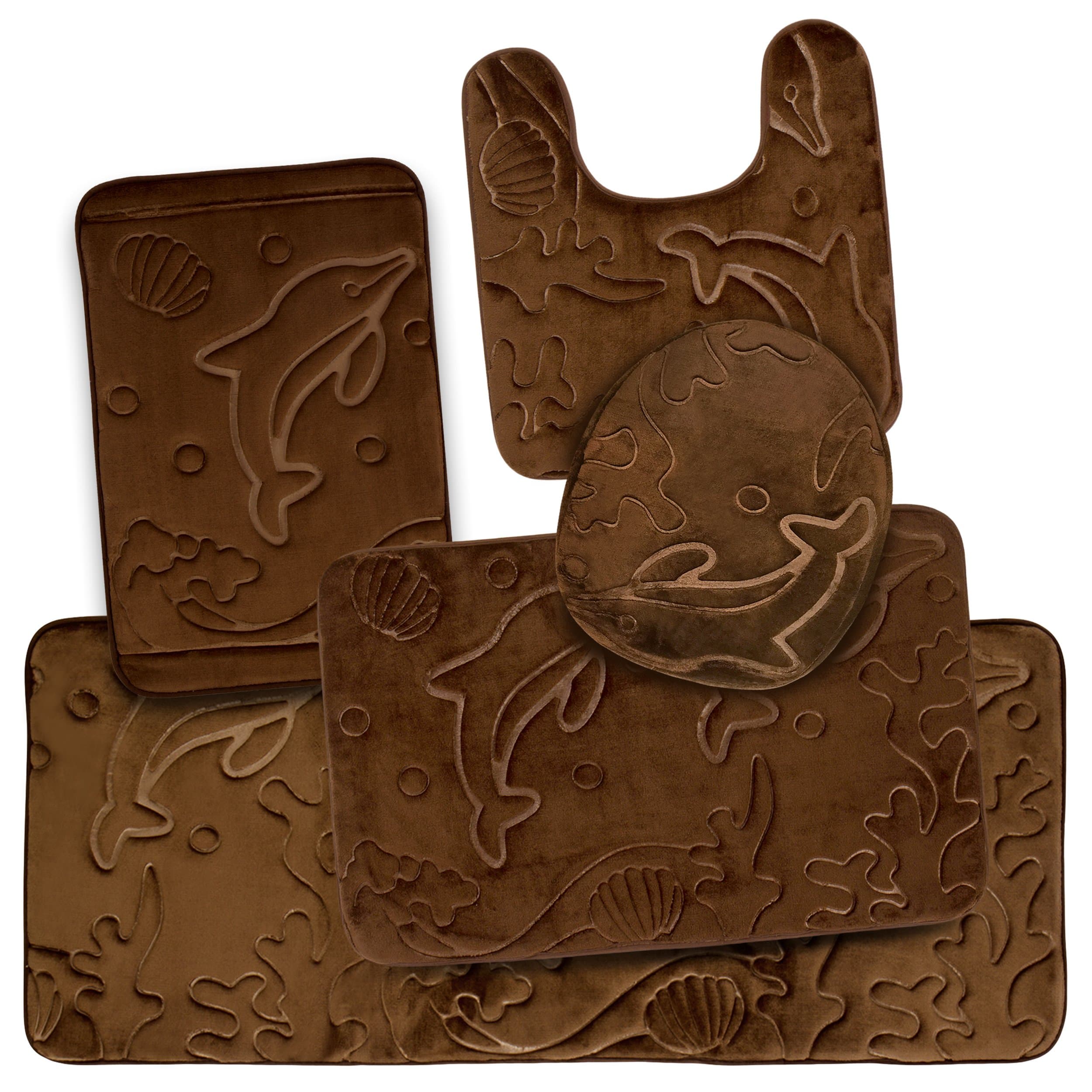 5 Piece Bathroom Rugs Set - Soft Non Slip Memory Foam Large Bath Mats - Perfect Combination of Luxury and Comfort - Brown Dolphins