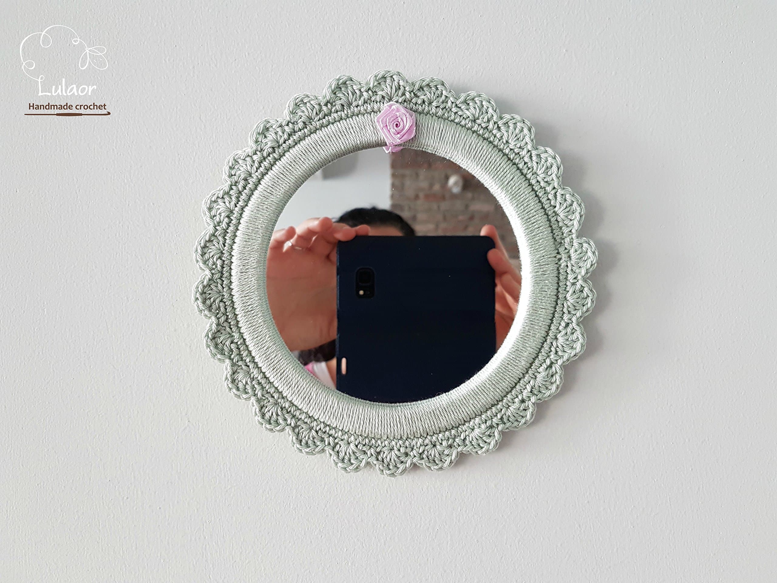 Crochet mirror, small round mirror, green mirror