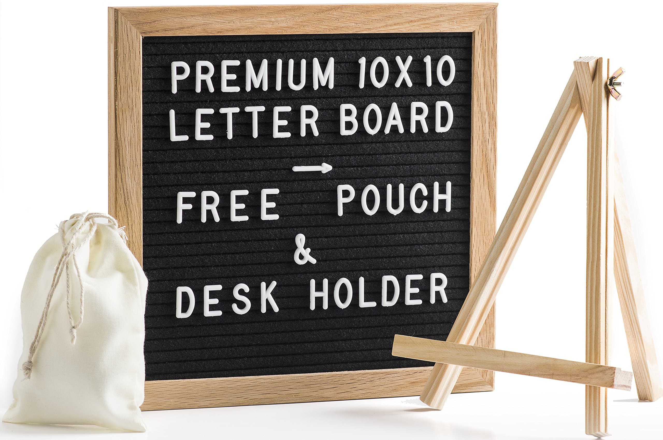 Changeable Letter Board with Bonus Mini Easel and Scissors | 25 by 25 Centimeters Oak Wood Frame Memo Board | 340 White Letters, Numbers, Punctuations and Emojis | Mounting Hook and Letter Bag