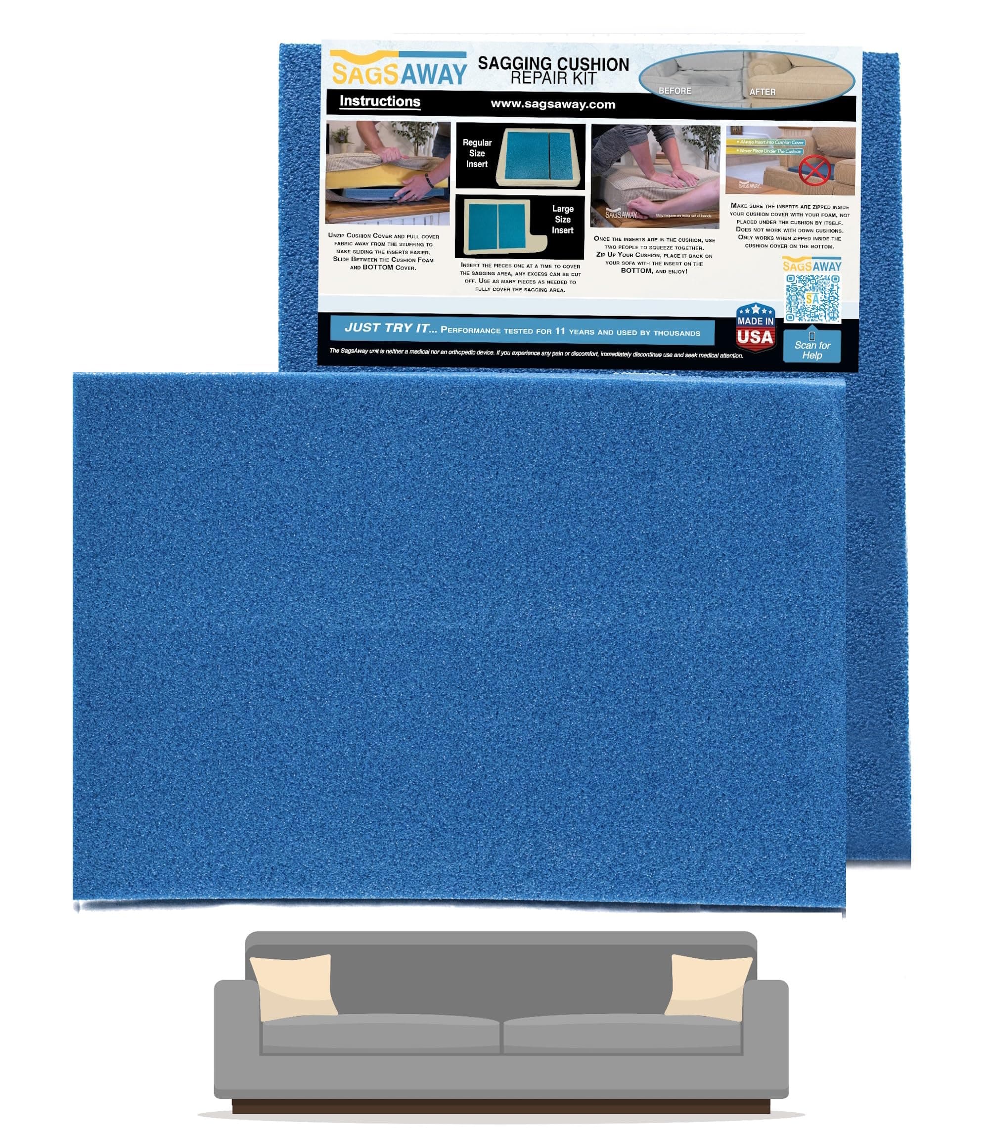 SagsAway Large 2 Piece 1.5in Thick Cushion Insert Kit for Immediate Lasting Support of 1 Saggy Seat. Two13x17in Pieces of Military Grade Foam Adds Thickness, Delays Replacing Sofa